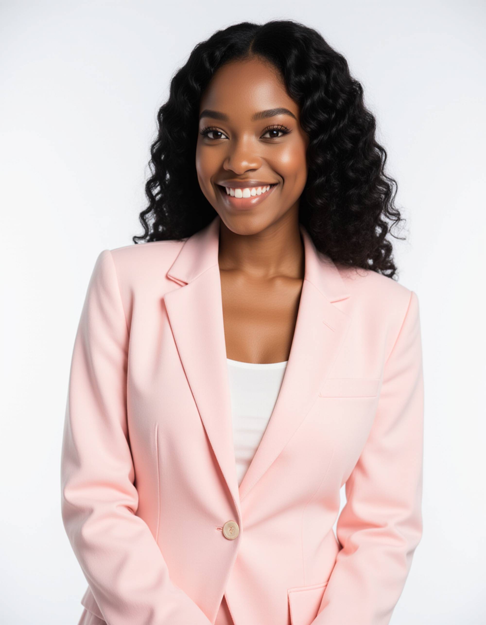studio headshot, model wearing pastel suit, soft smile, natural makeup, high-definition lighting, minimalistic white background, modern executive tone for professional branding