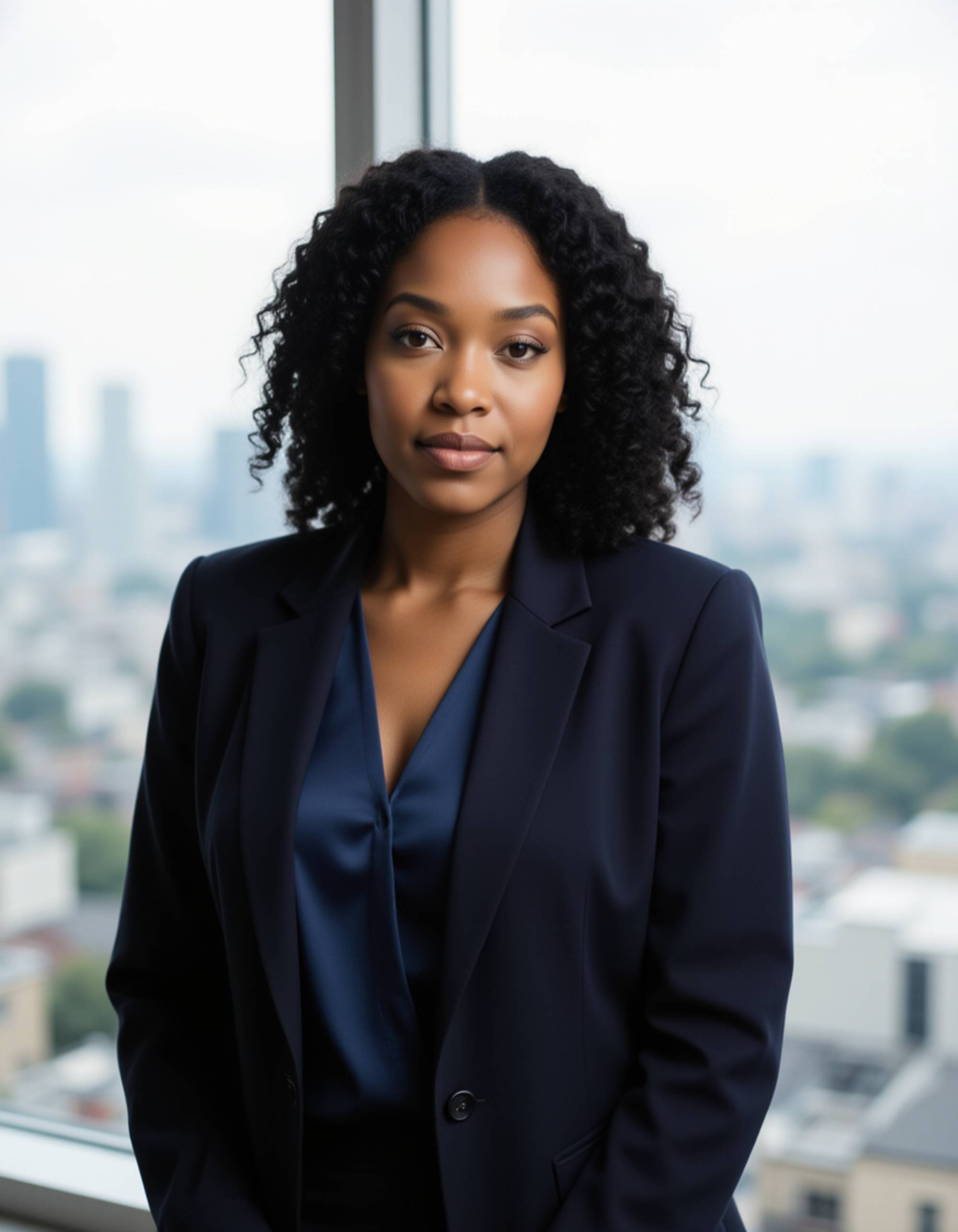 professional business portrait, model standing near a large window, city skyline view, navy blazer with silk blouse, confident yet warm demeanor, diffused natural light