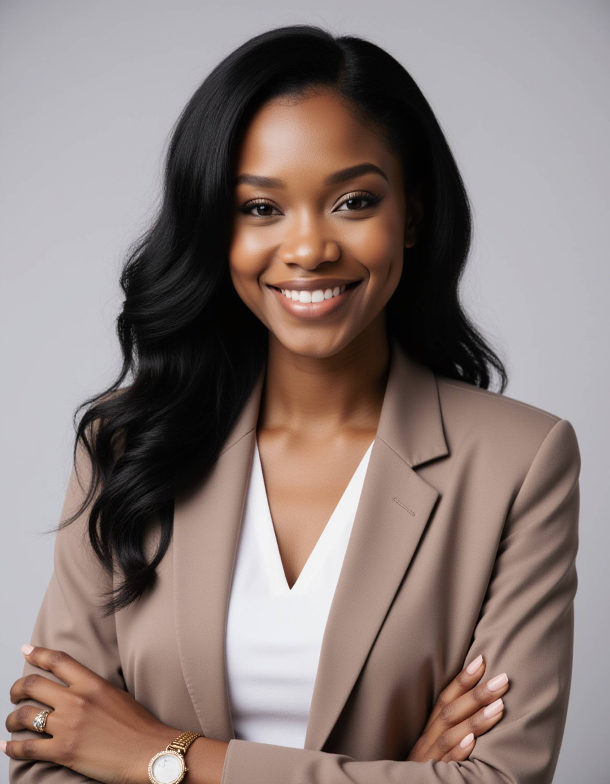 LinkedIn-ready headshot, model in neutral-toned professional attire, clean hairstyle, elegant jewelry, balanced studio lighting, sharp focus, neutral background, refined corporate elegance