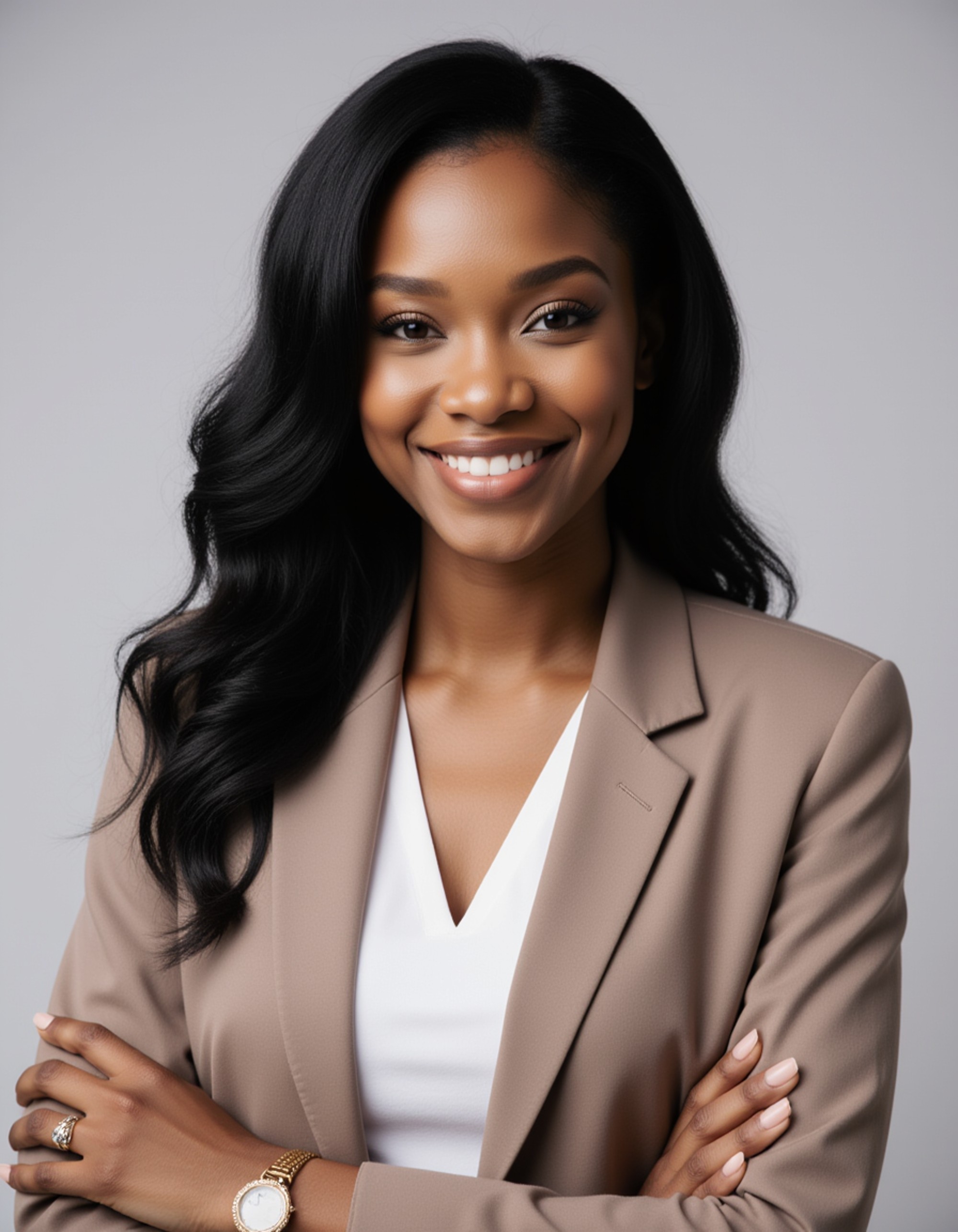 LinkedIn-ready headshot, model in neutral-toned professional attire, clean hairstyle, elegant jewelry, balanced studio lighting, sharp focus, neutral background, refined corporate elegance