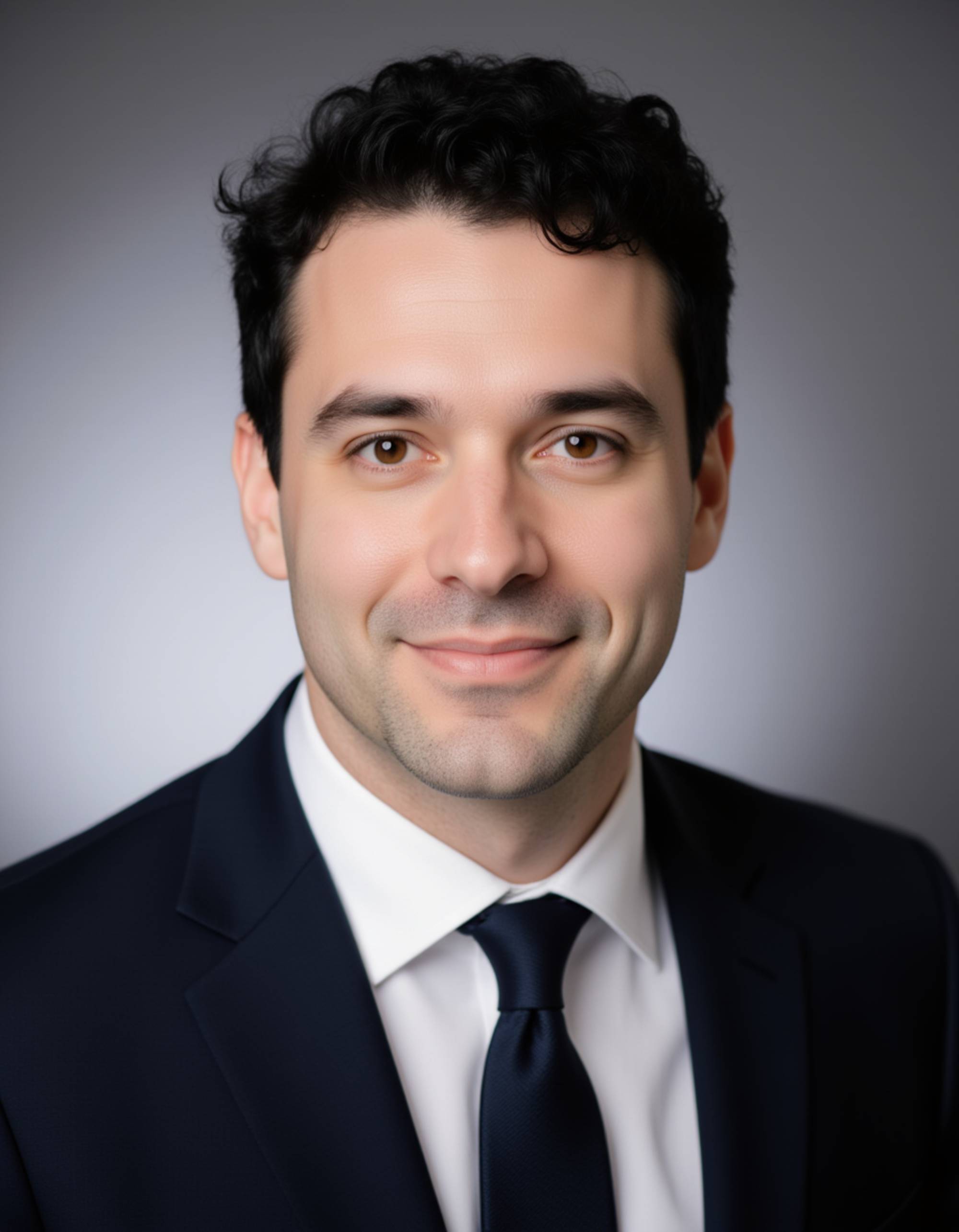 professional LinkedIn headshot, model wearing a dark tailored suit and tie, confident neutral expression, studio backdrop with soft gradient, even lighting, crisp details, business executive aesthetic