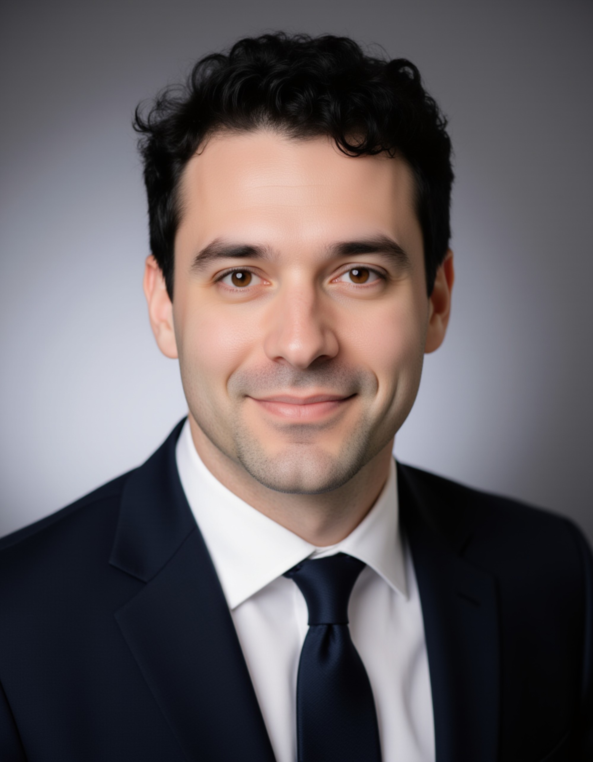 professional LinkedIn headshot, model wearing a dark tailored suit and tie, confident neutral expression, studio backdrop with soft gradient, even lighting, crisp details, business executive aesthetic