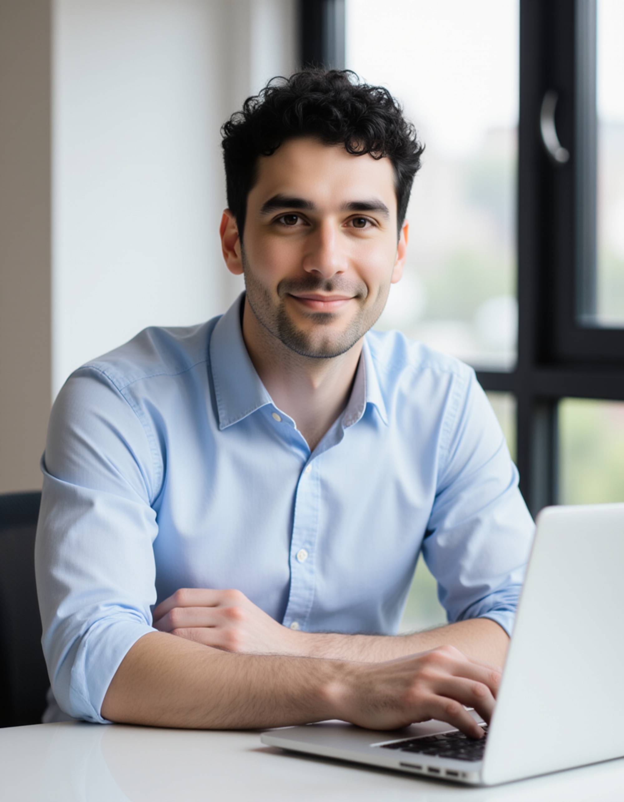 corporate portrait, model sitting at a desk with a laptop, rolled-up sleeves, relaxed professional demeanor, blurred office environment, natural daylight, sharp focus, approachable leadership vibe