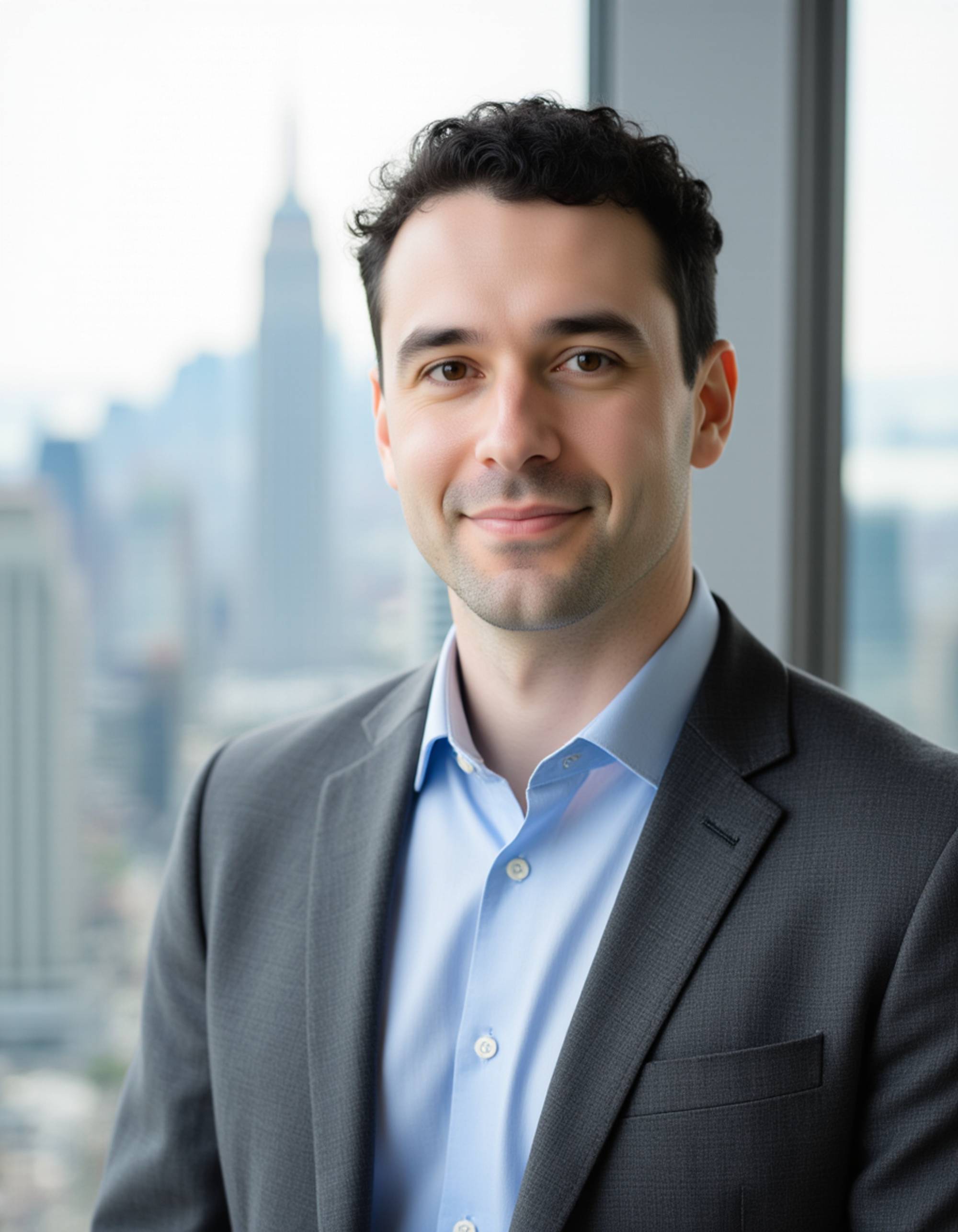 8k high-definition headshot, model in light blue shirt and gray blazer, standing near a window with a city skyline behind, natural lighting, confident gaze, polished LinkedIn style