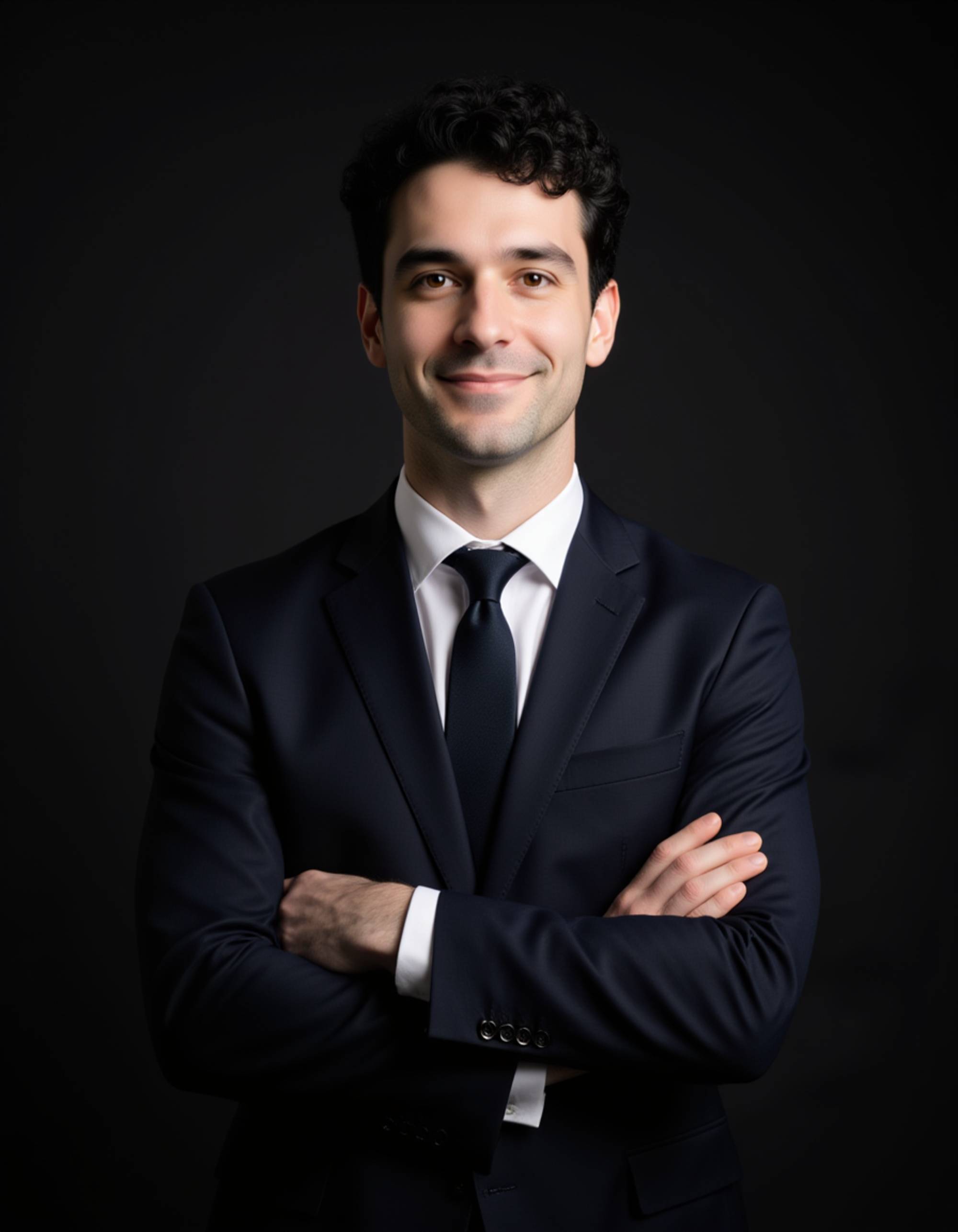 studio portrait, model in formal attire, arms crossed, slight smile, subtle rim lighting for depth, dark neutral background, sharp focus, professional and trustworthy presence