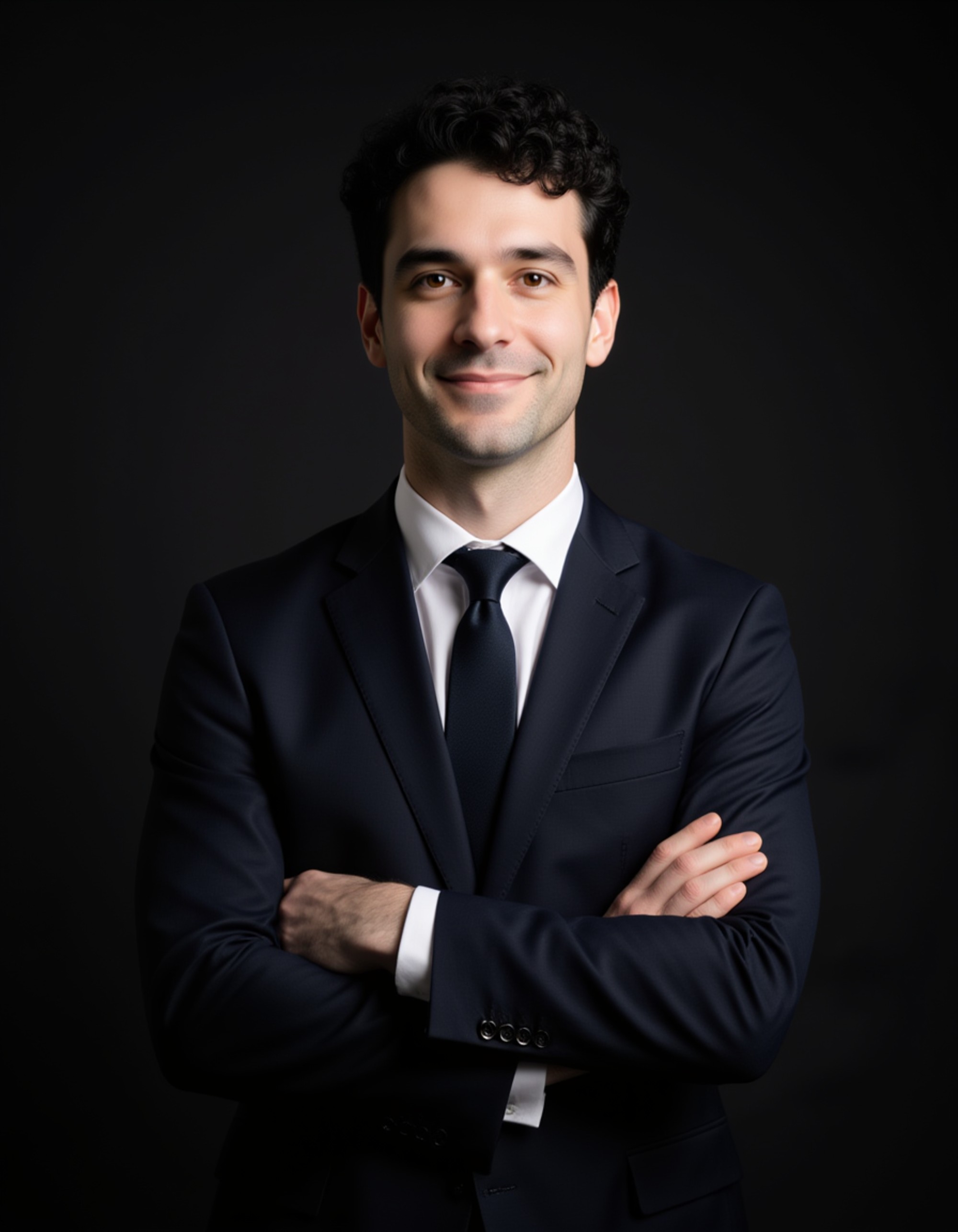 studio portrait, model in formal attire, arms crossed, slight smile, subtle rim lighting for depth, dark neutral background, sharp focus, professional and trustworthy presence