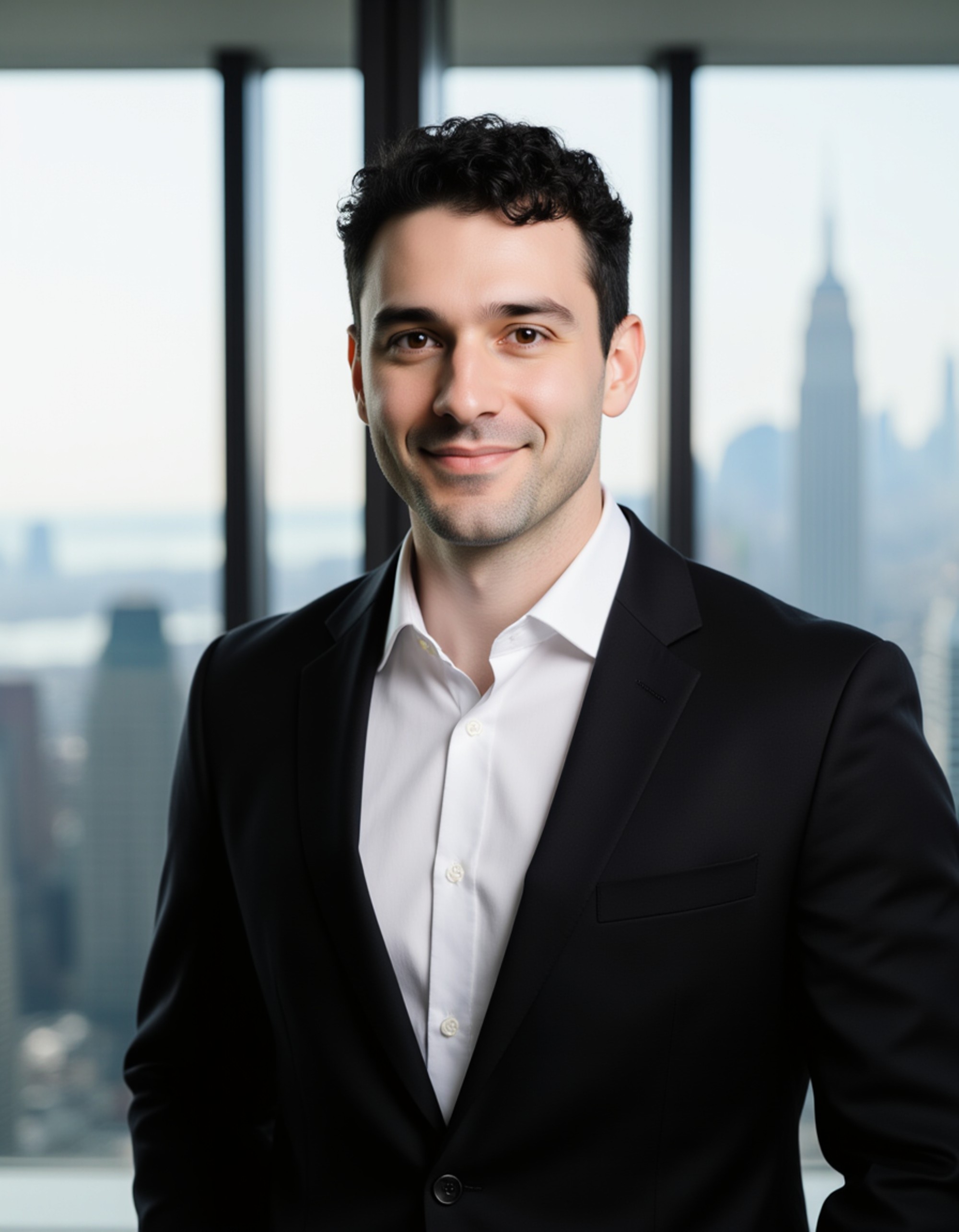 executive-style headshot, model wearing a black suit and white shirt, subtle smile, modern office backdrop, balanced key lighting, clean composition emphasizing confidence and professionalism