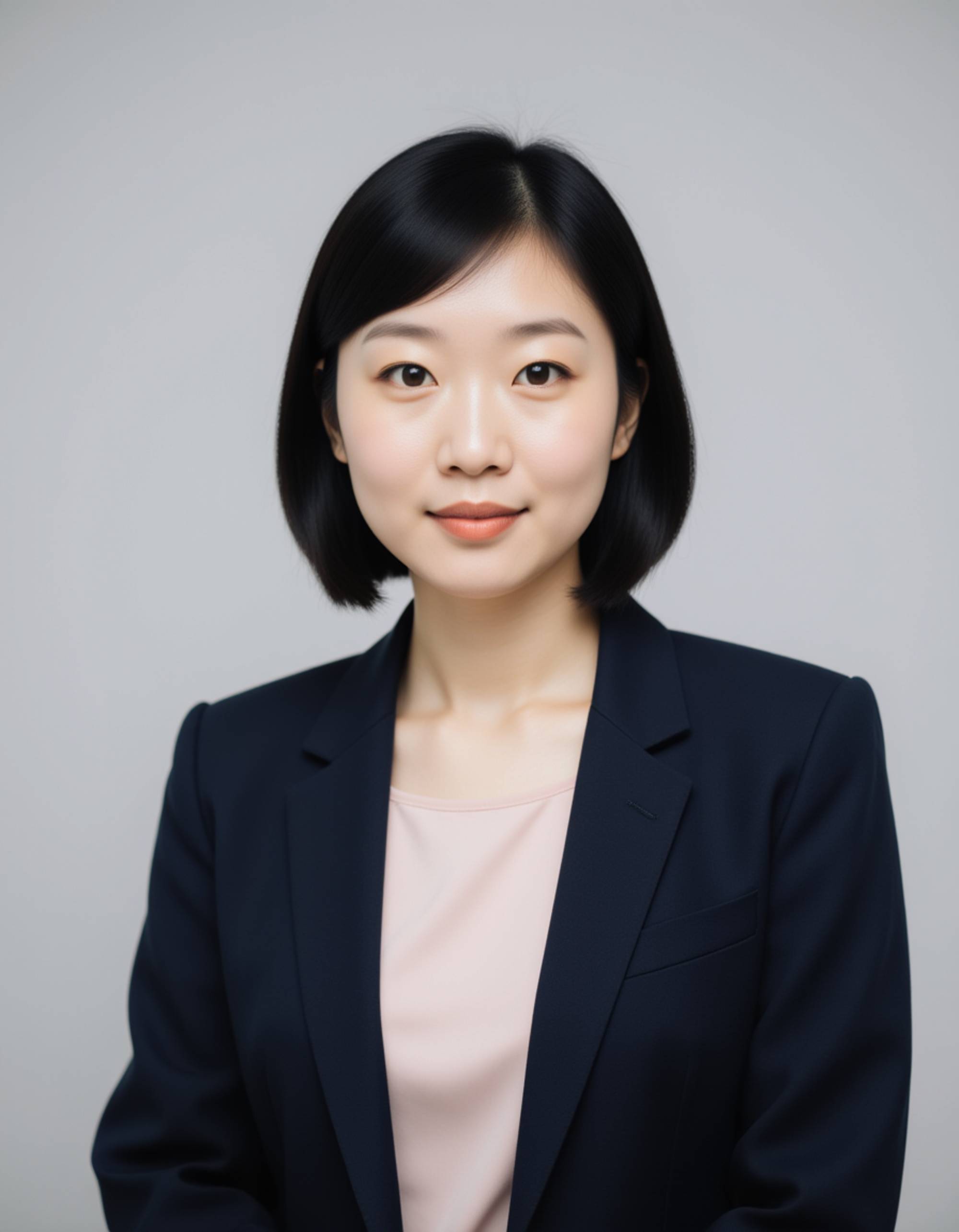 professional LinkedIn headshot, model in elegant blazer with soft pastel blouse, neat hairstyle, subtle natural makeup, confident expression, light gray studio backdrop, balanced lighting, polished corporate look