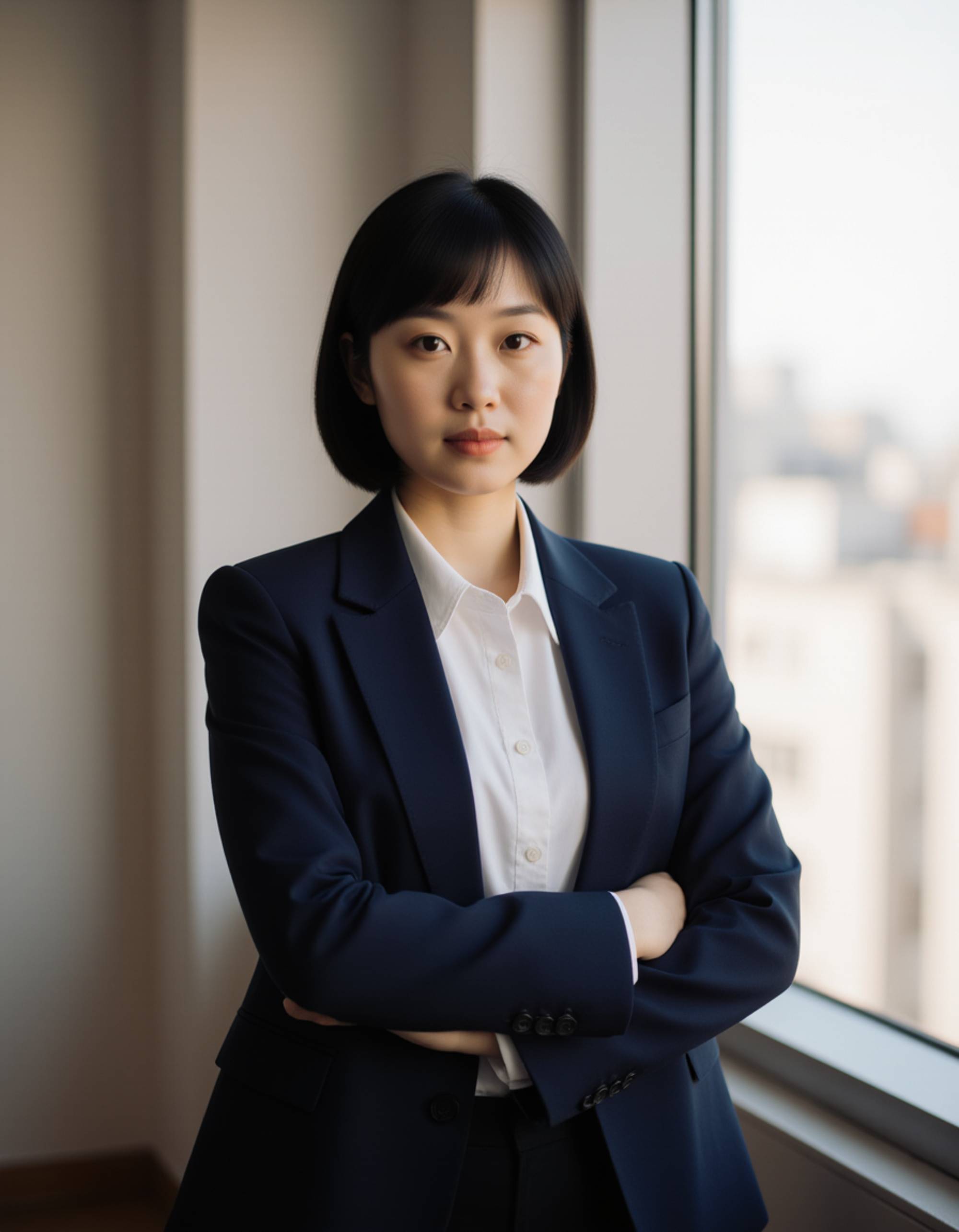 corporate headshot, model standing by a window in a modern office, wearing a navy suit jacket and white shirt, warm daylight illuminating face, composed and confident demeanor, LinkedIn-ready portrait