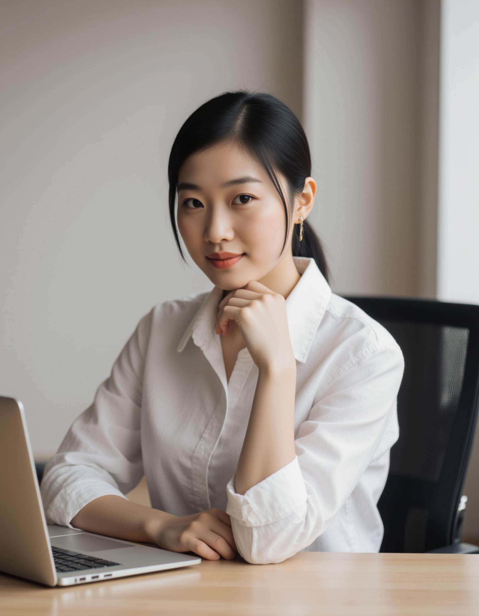 studio portrait, model seated at a desk with a laptop, minimal jewelry, tidy ponytail, natural smile, soft key lighting, blurred office background, clean and professional composition