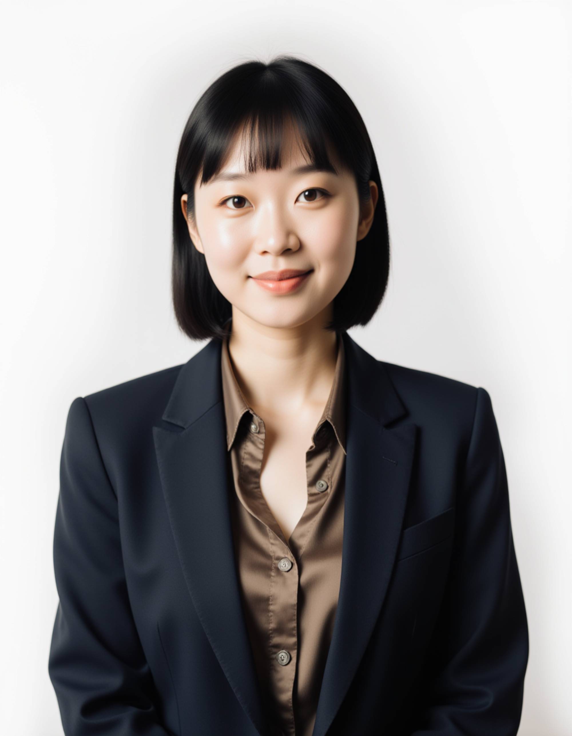 executive business portrait, model wearing a fitted blazer over a silk blouse, confident and approachable look, professional hairstyle, crisp focus, white background, flattering soft shadows