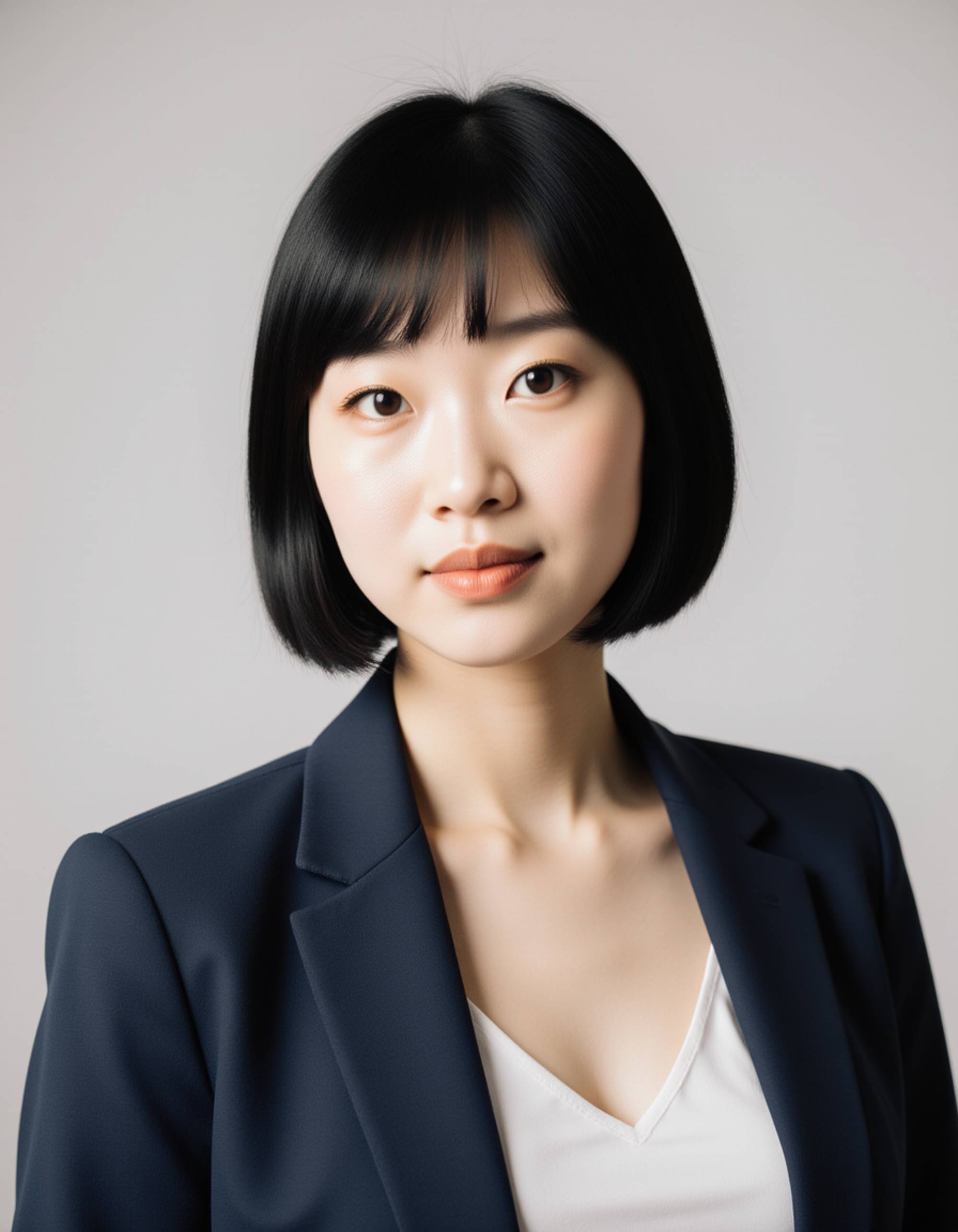 high-resolution headshot, model in modern business attire, poised expression, smooth lighting, subtle makeup, neutral backdrop, minimalistic professional tone ideal for resumes and LinkedIn