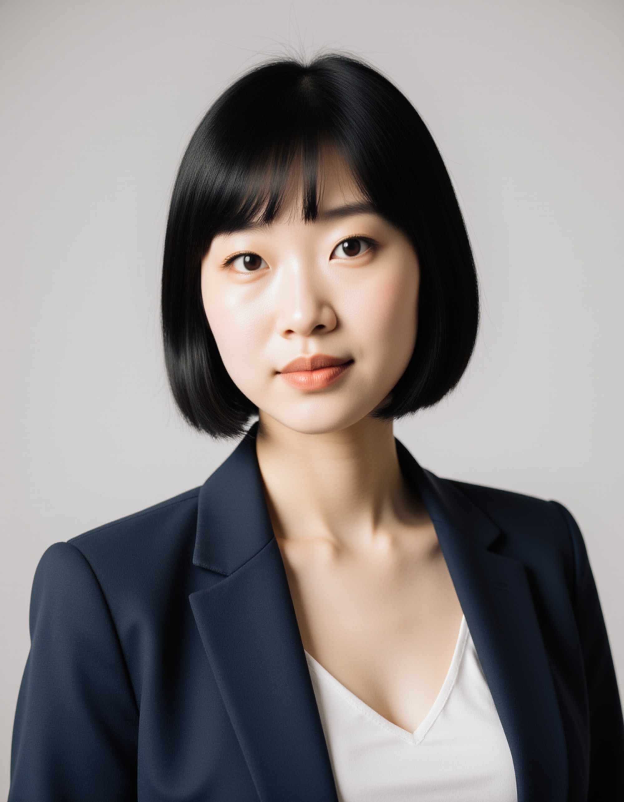 high-resolution headshot, model in modern business attire, poised expression, smooth lighting, subtle makeup, neutral backdrop, minimalistic professional tone ideal for resumes and LinkedIn