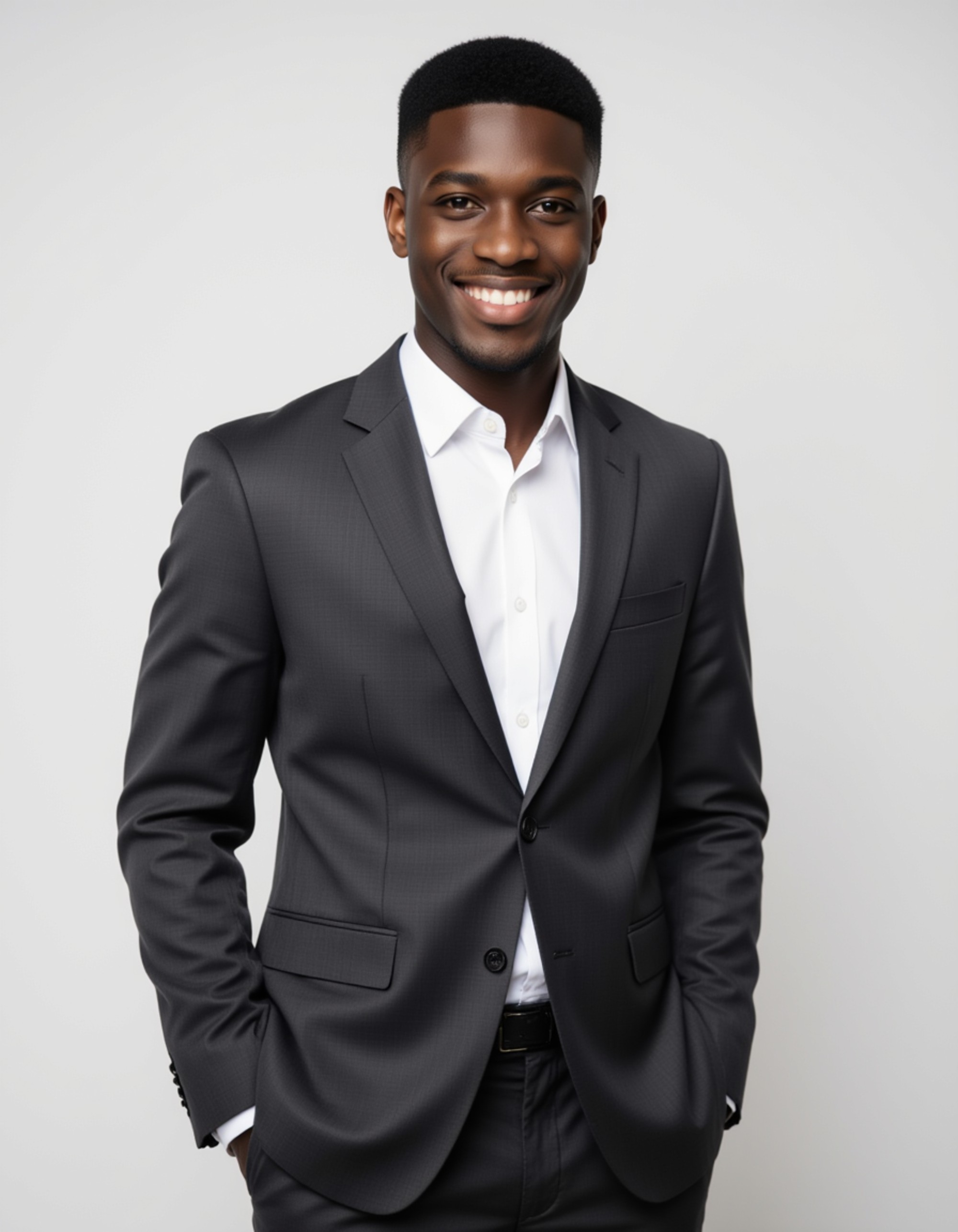 8k professional LinkedIn headshot, model wearing a charcoal gray suit and white shirt, confident neutral expression, clean studio background, soft directional lighting, crisp focus, executive professionalism