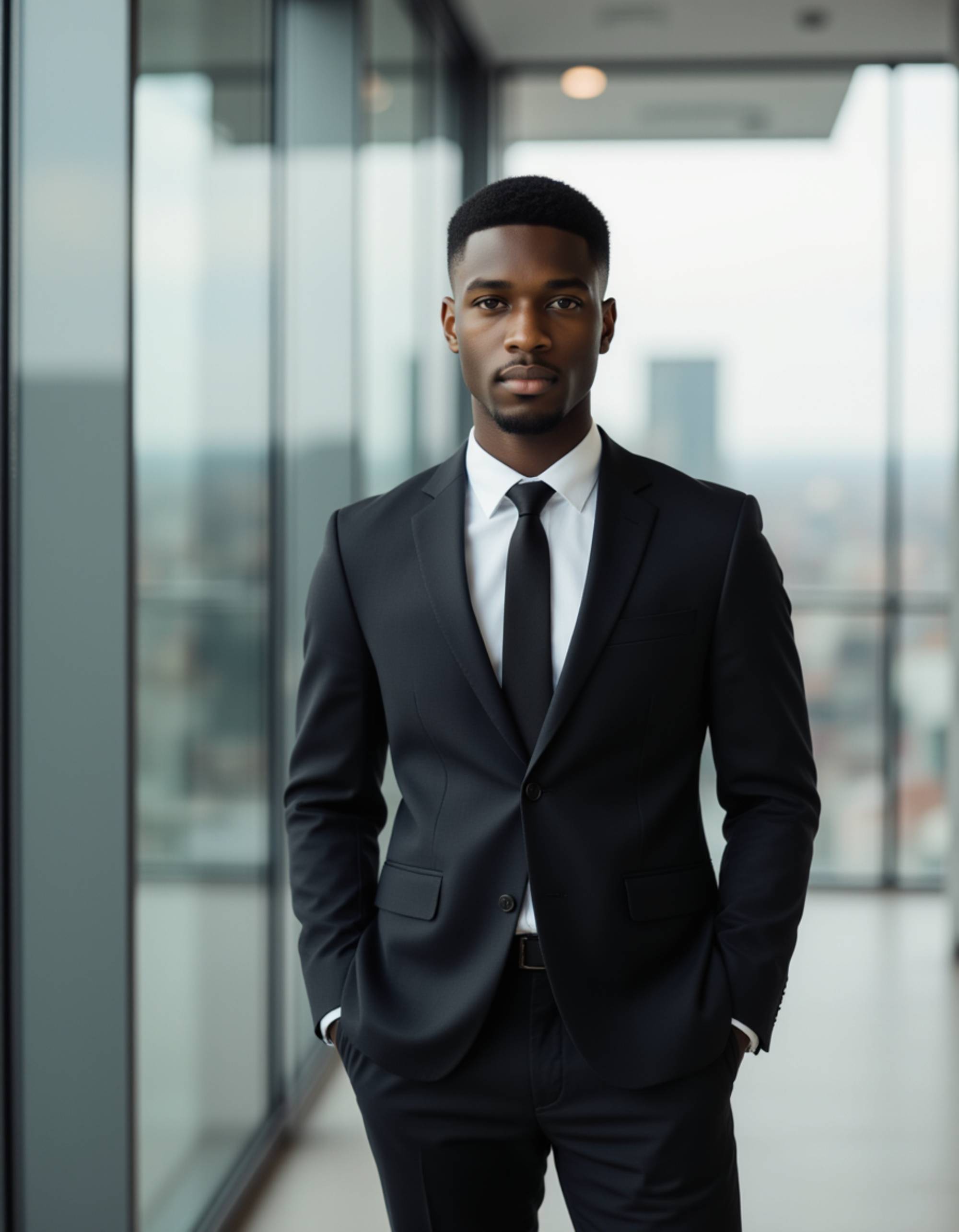 corporate office portrait, model standing by a glass wall with city skyline reflection, blazer and tie, composed expression, natural daylight, modern business aesthetic