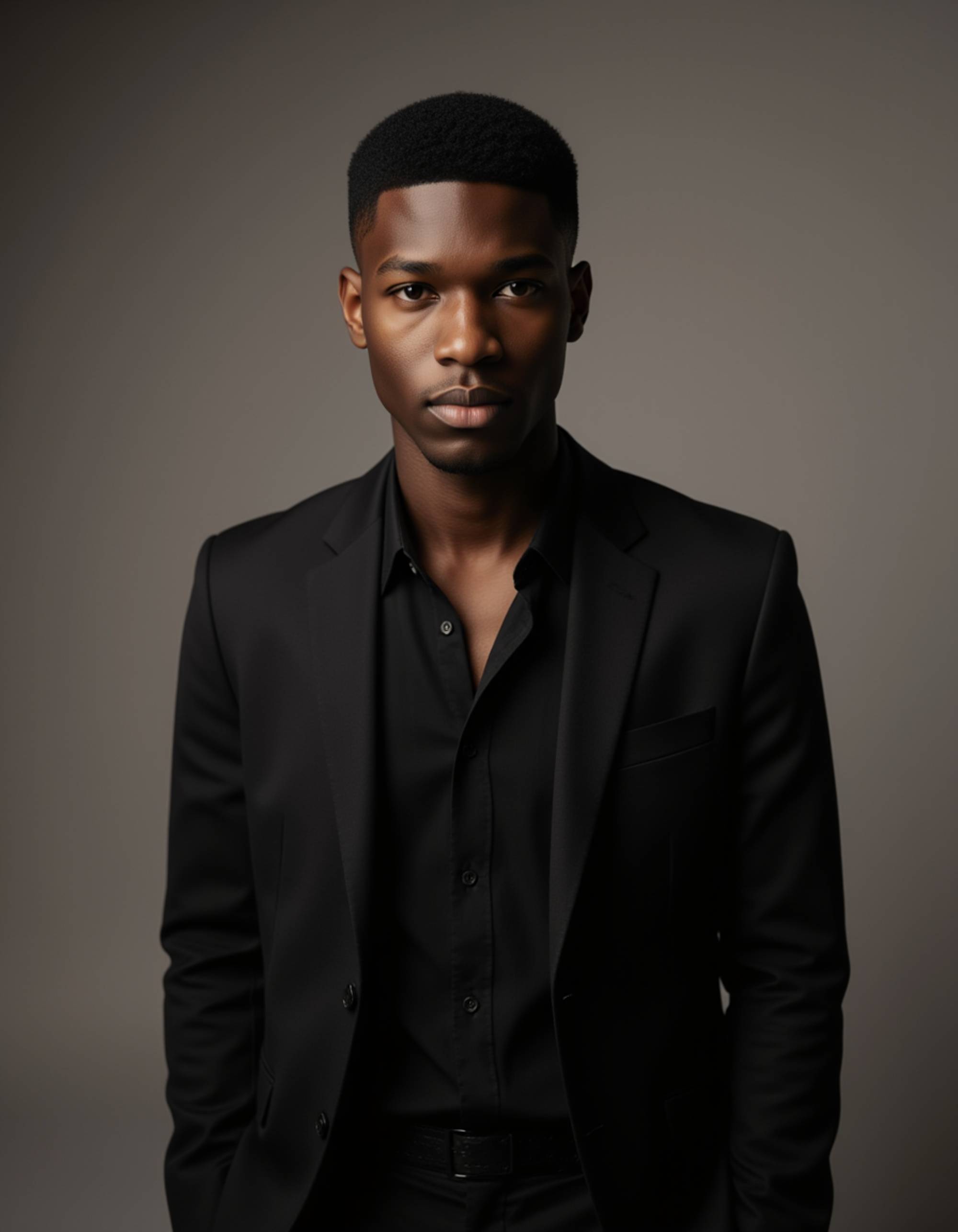 studio headshot, model in dark suit jacket with open collar shirt, relaxed but confident posture, soft shadows, matte neutral background, cinematic lighting emphasizing facial features