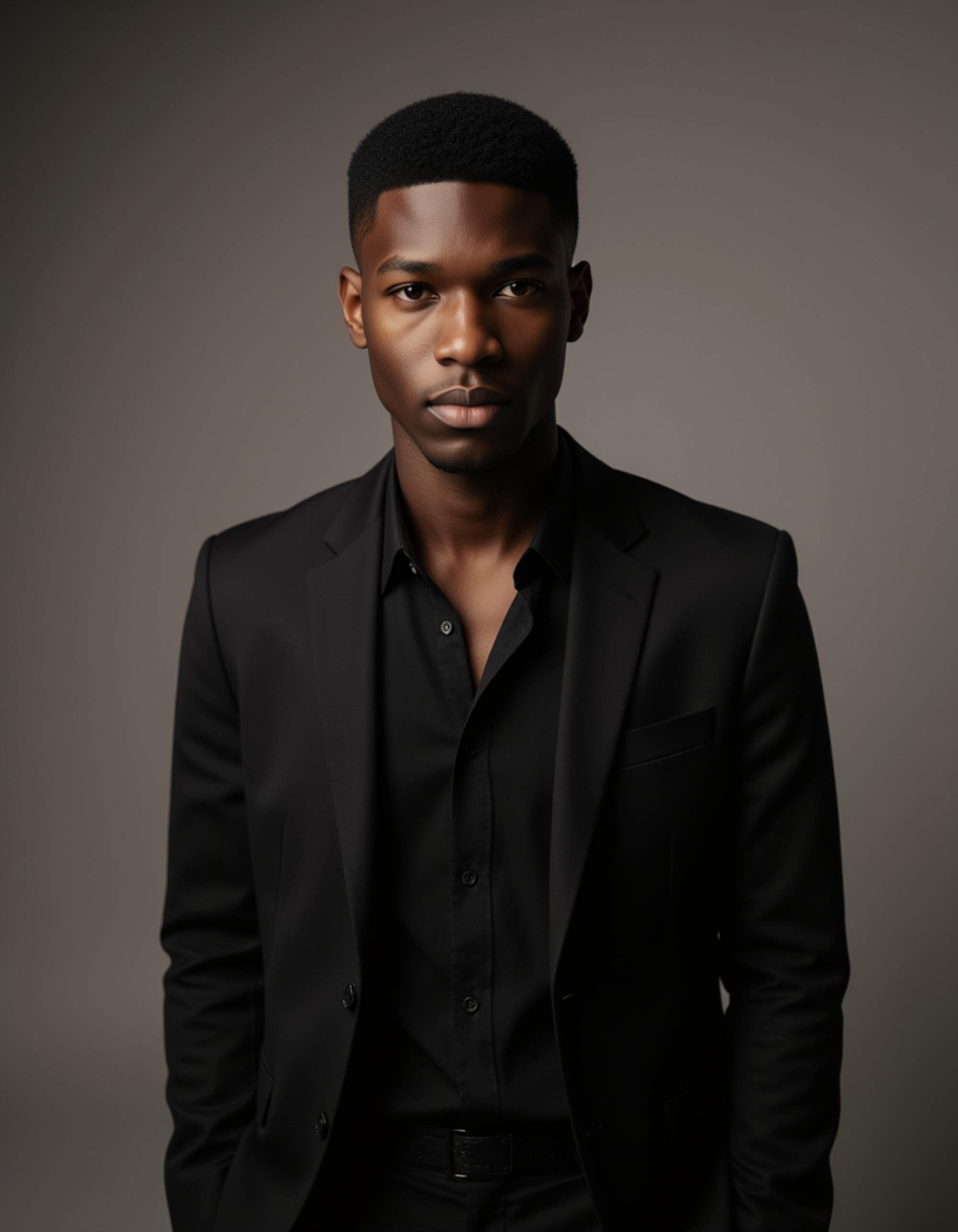 studio headshot, model in dark suit jacket with open collar shirt, relaxed but confident posture, soft shadows, matte neutral background, cinematic lighting emphasizing facial features