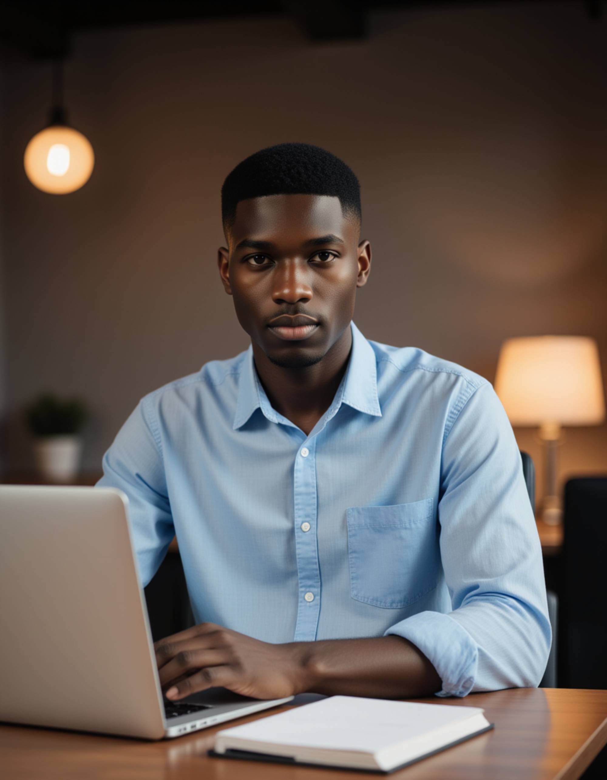 professional business portrait, model sitting at a desk with laptop and notebook, rolled sleeves, focused look, warm ambient lighting, blurred office environment, LinkedIn-ready tone