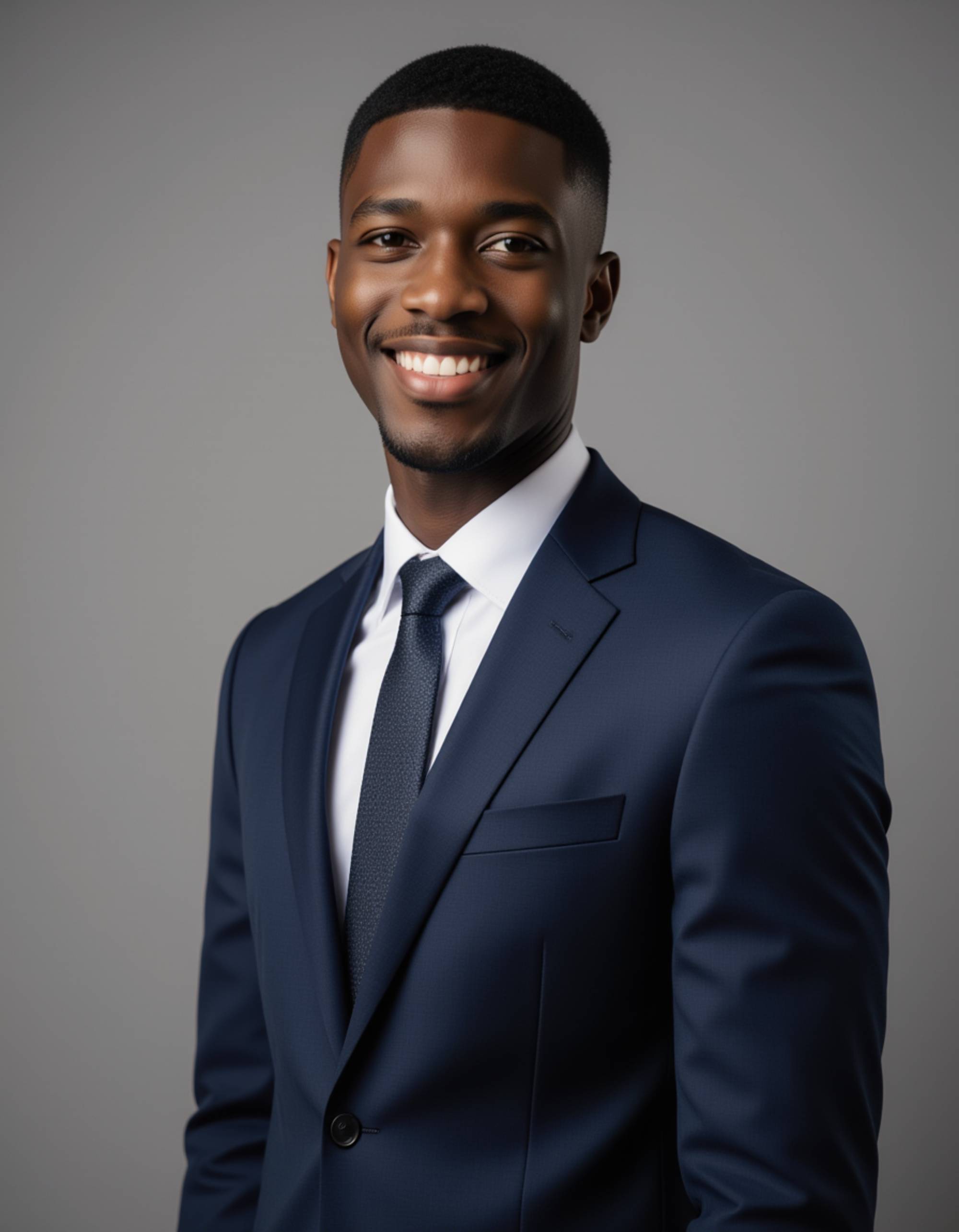 high-definition corporate headshot, model wearing a navy suit, short groomed beard, sharp jawline highlighted by side lighting, subtle smile, clean gray background, leadership vibe