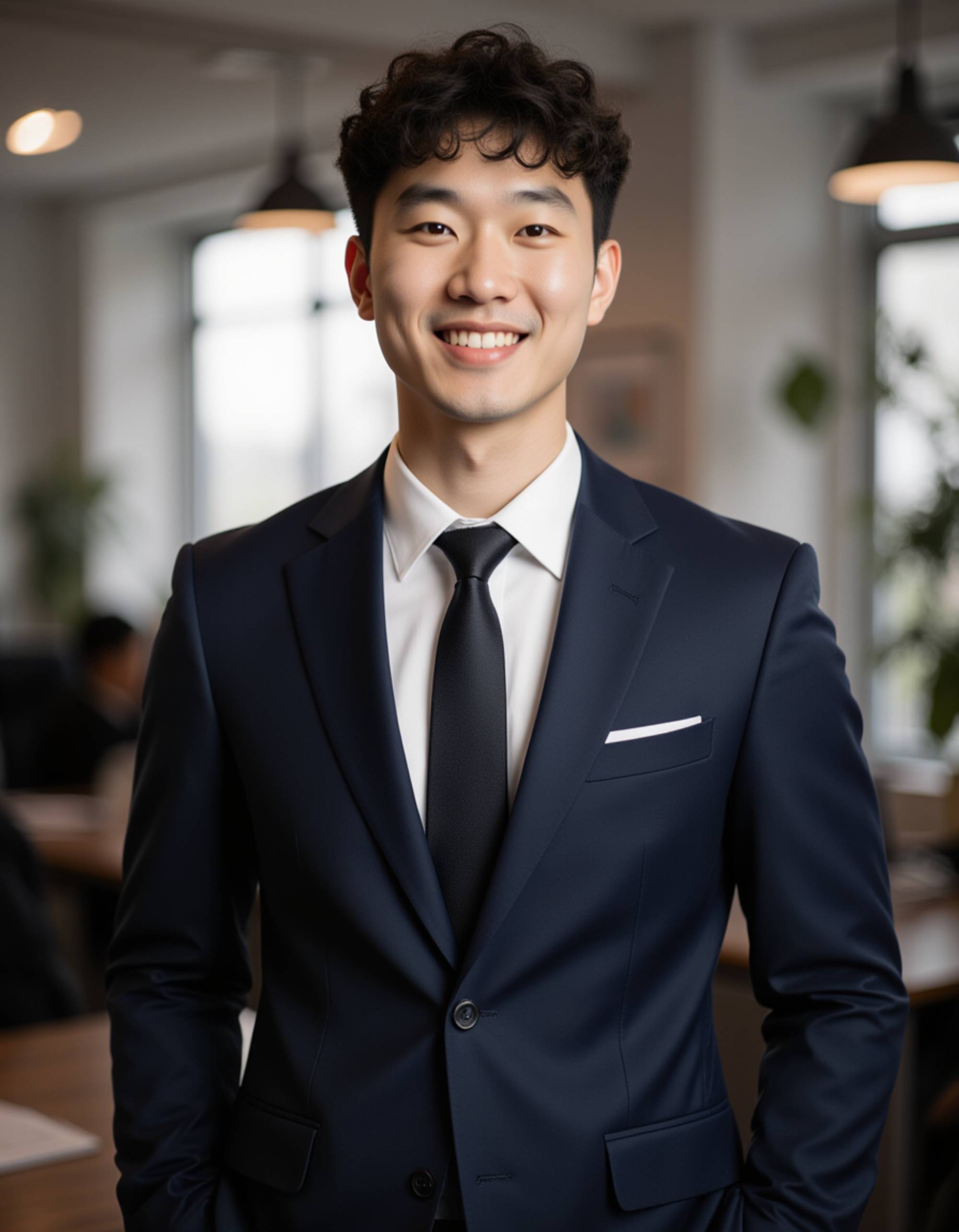 Professional real estate agent headshot of the model, confident and trustworthy expression, wearing a tailored navy suit, clean grooming, soft natural lighting, blurred modern office background, high-end corporate portrait style