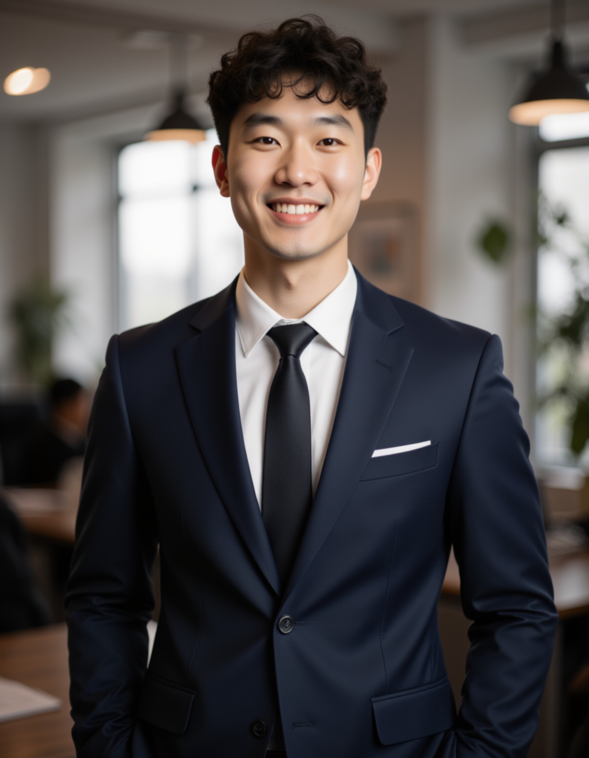 Professional real estate agent headshot of the model, confident and trustworthy expression, wearing a tailored navy suit, clean grooming, soft natural lighting, blurred modern office background, high-end corporate portrait style
