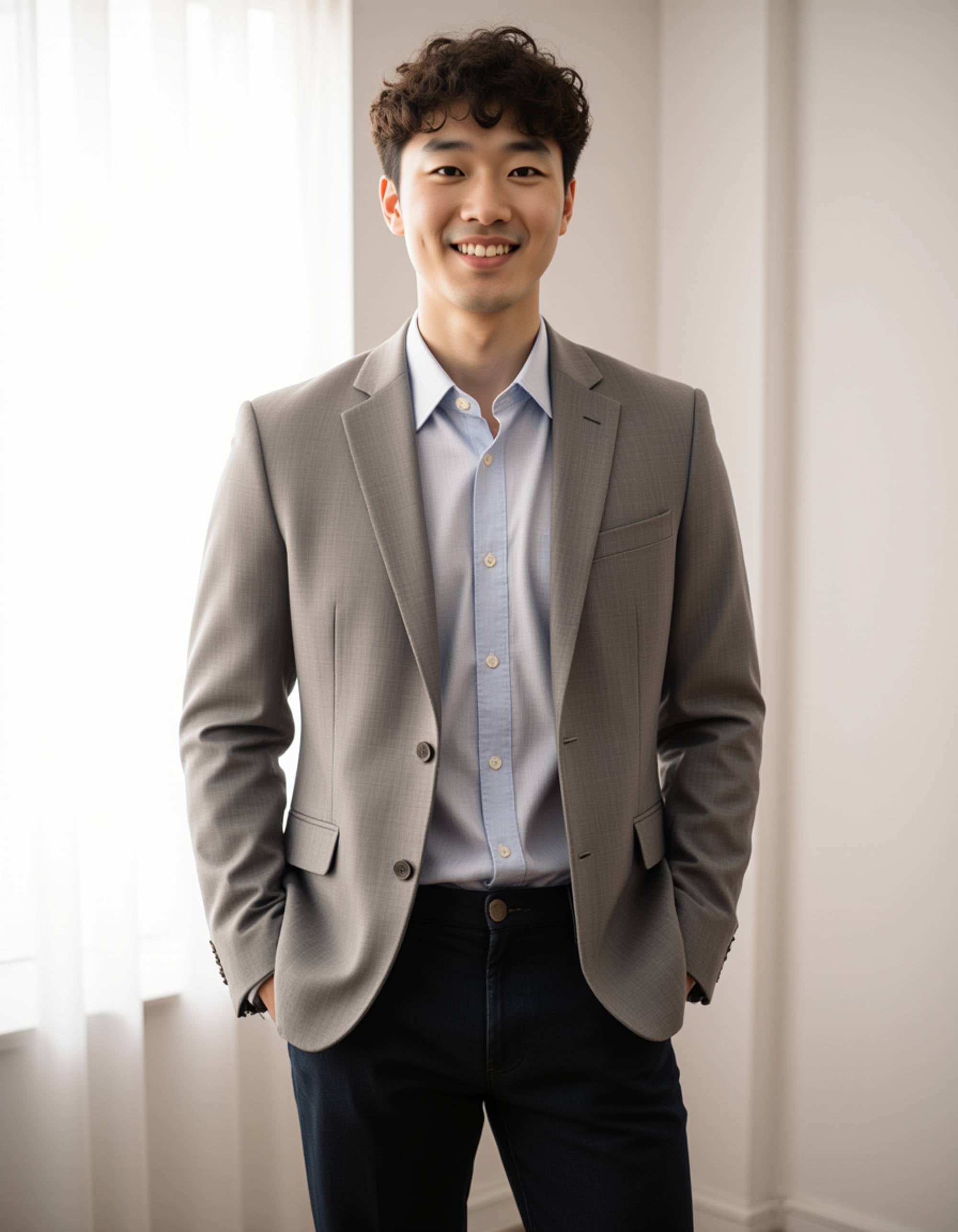 Real estate agent headshot of the model, friendly approachable smile, business-casual outfit, bright neutral indoor background, soft diffused lighting, clean branding photography