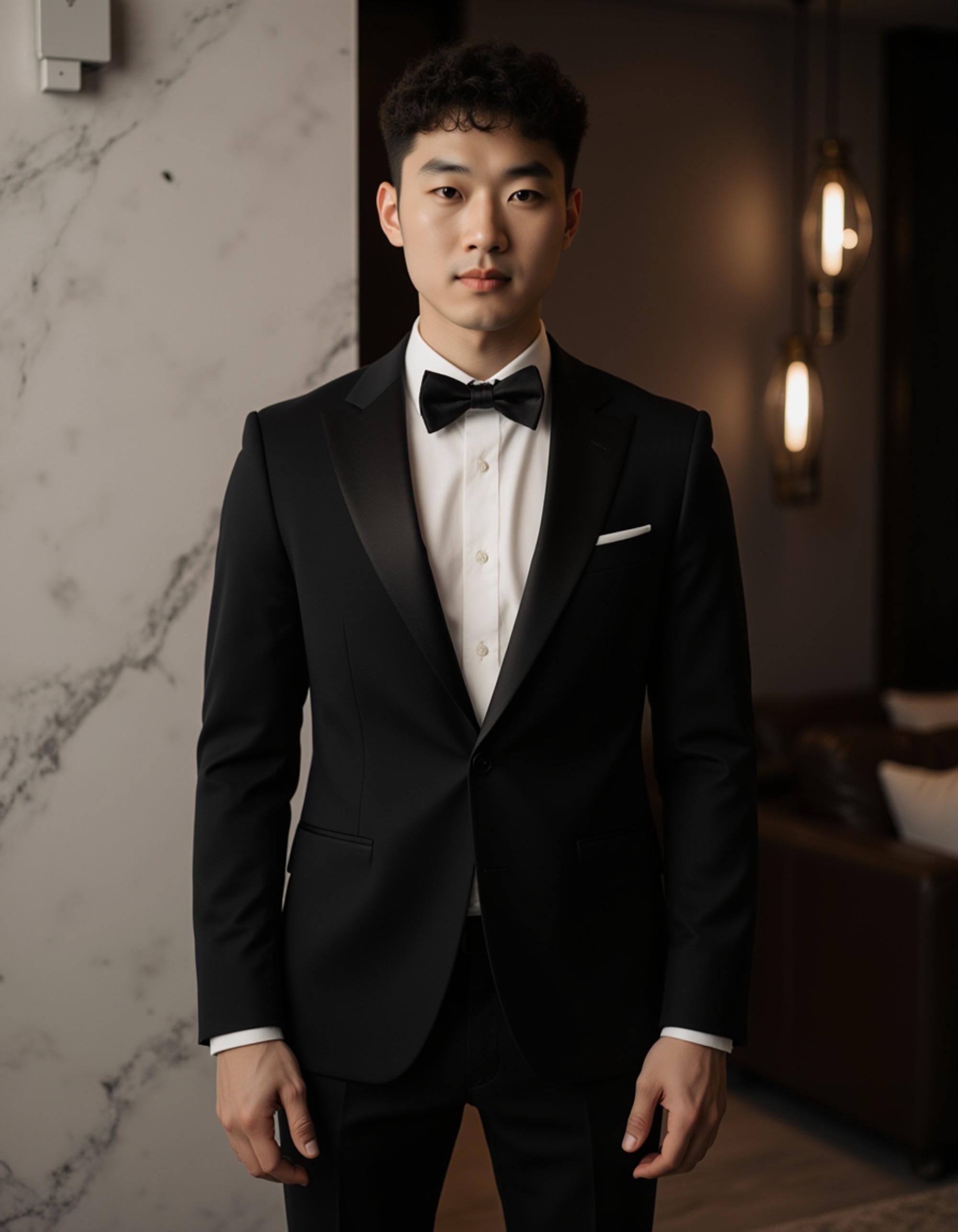Luxury real estate agent headshot of the model, elegant dark suit, subtle rim light, minimalistic luxury interior background (marble, glass), ultra-sharp premium portrait