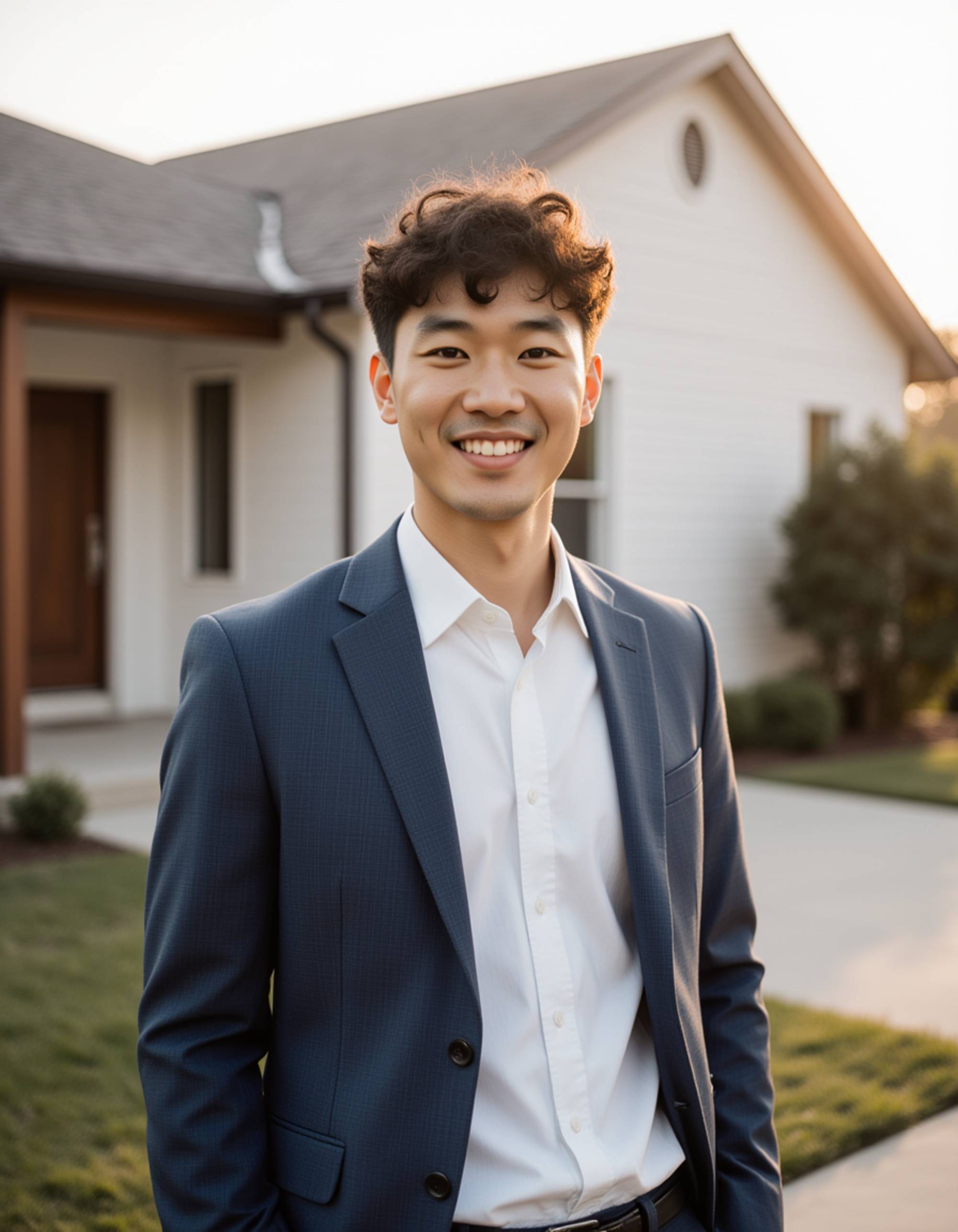 Outdoor real estate agent headshot of the model, natural sunlight, modern home slightly blurred in the background, relaxed but confident expression, lifestyle real estate photography