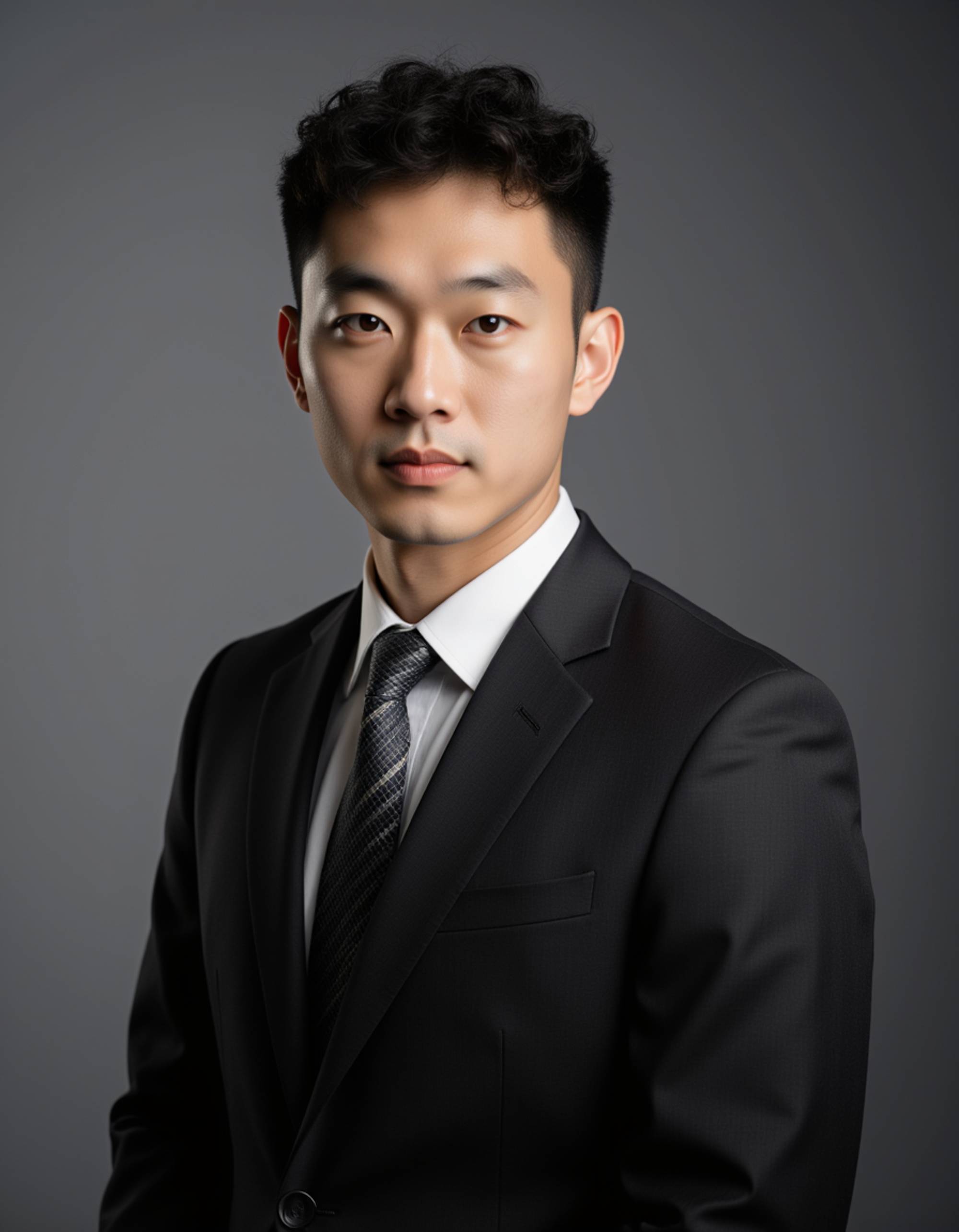 Experienced real estate broker headshot of the model, serious professional expression, charcoal suit and tie, studio lighting with clean grey backdrop, LinkedIn-style corporate portrait