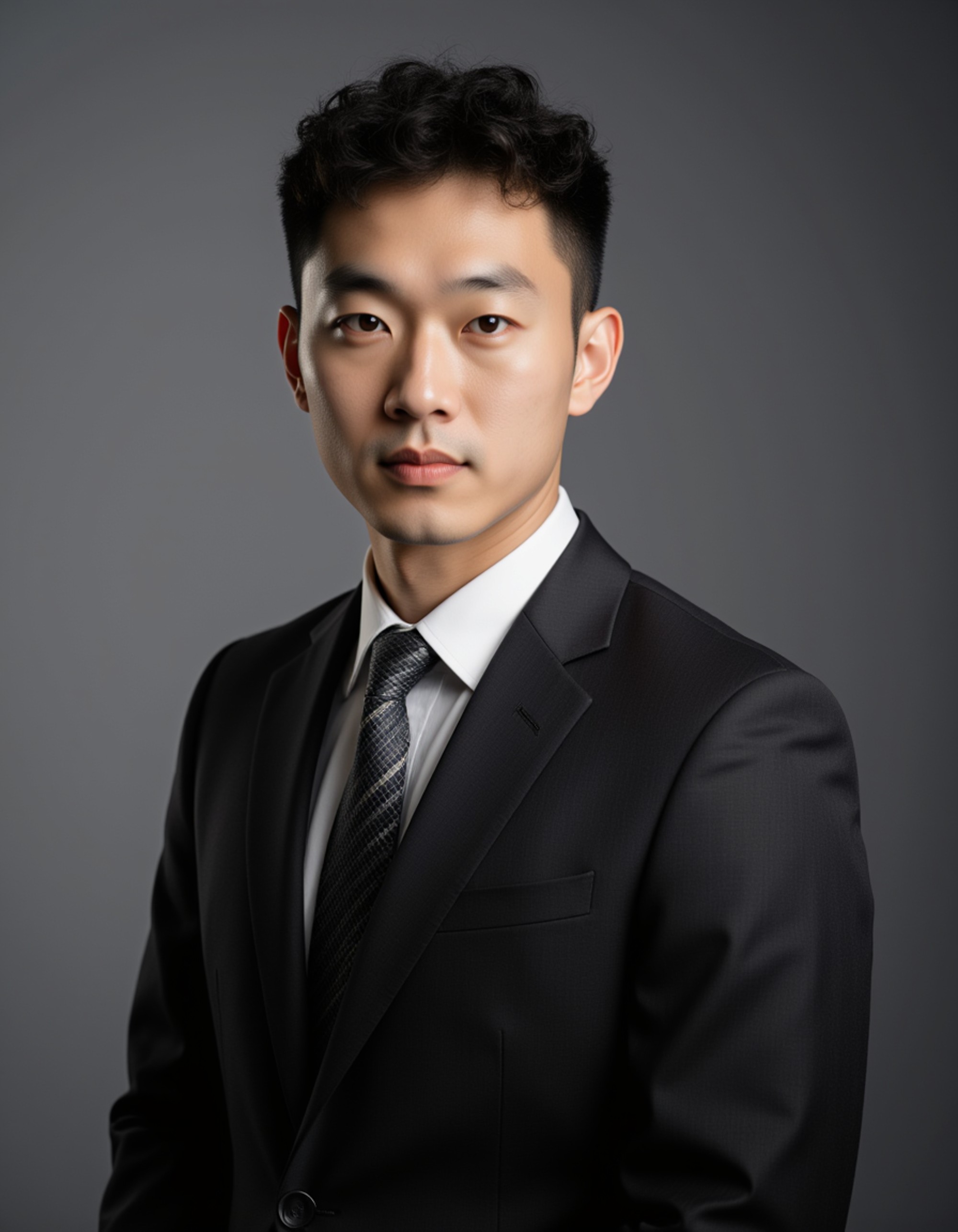 Experienced real estate broker headshot of the model, serious professional expression, charcoal suit and tie, studio lighting with clean grey backdrop, LinkedIn-style corporate portrait
