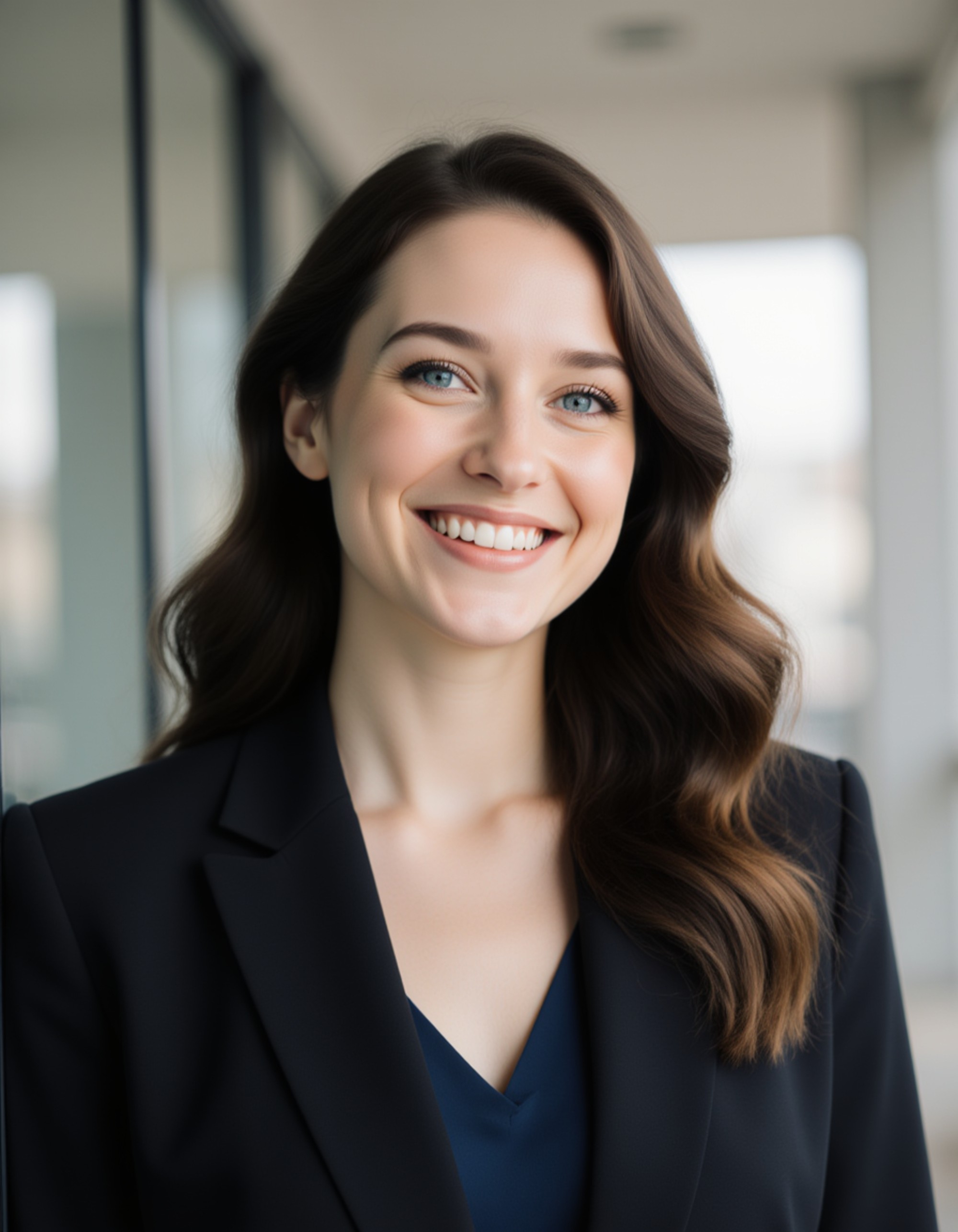 Professional real estate agent headshot of the model, confident smile, wearing a tailored blazer, polished hairstyling, soft natural lighting, blurred modern office background, premium corporate portrait style