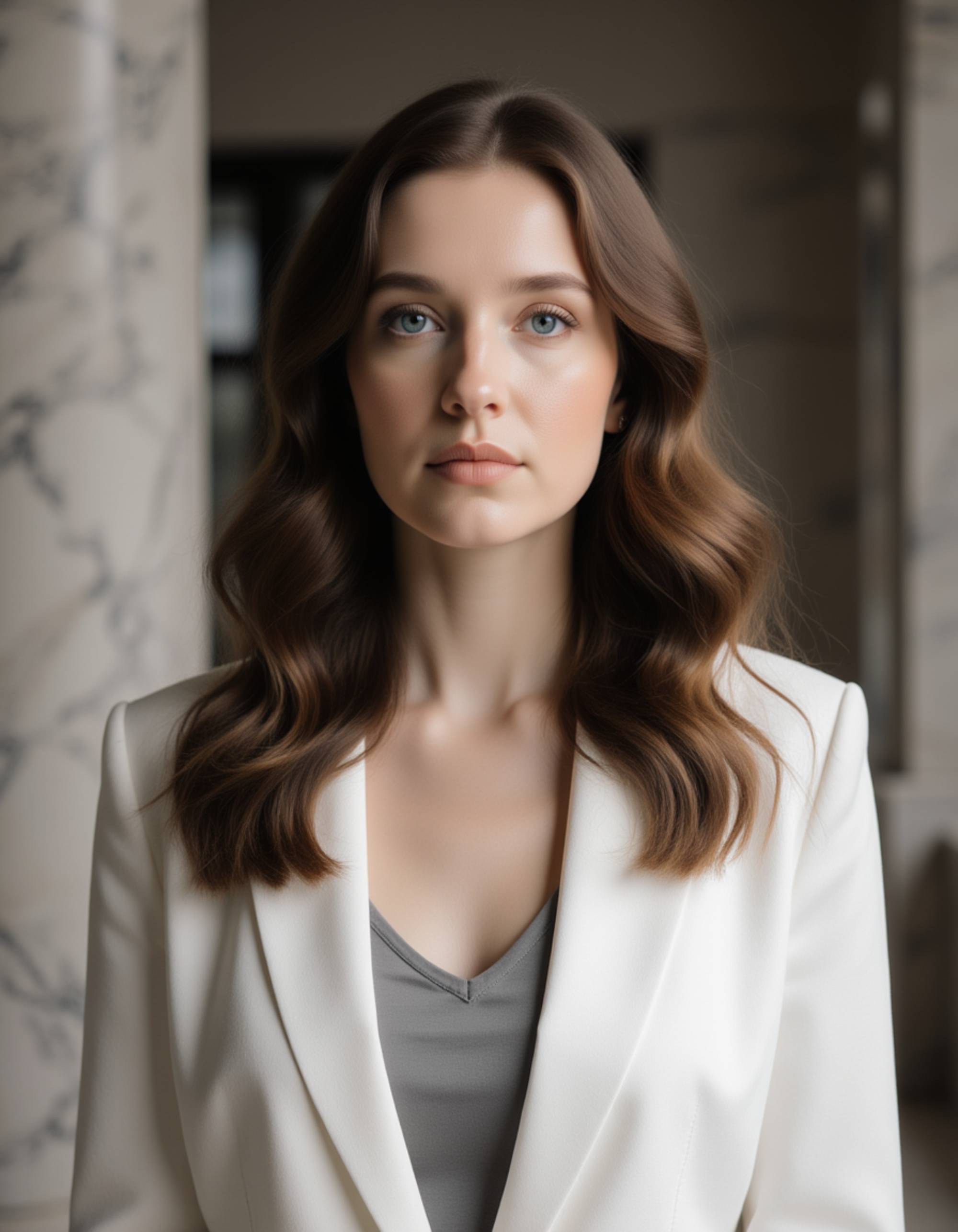 Luxury realtor headshot of the model, elegant blazer, smooth hair styling, minimalistic luxury interior background with marble and glass, subtle rim light, ultra-sharp premium portrait