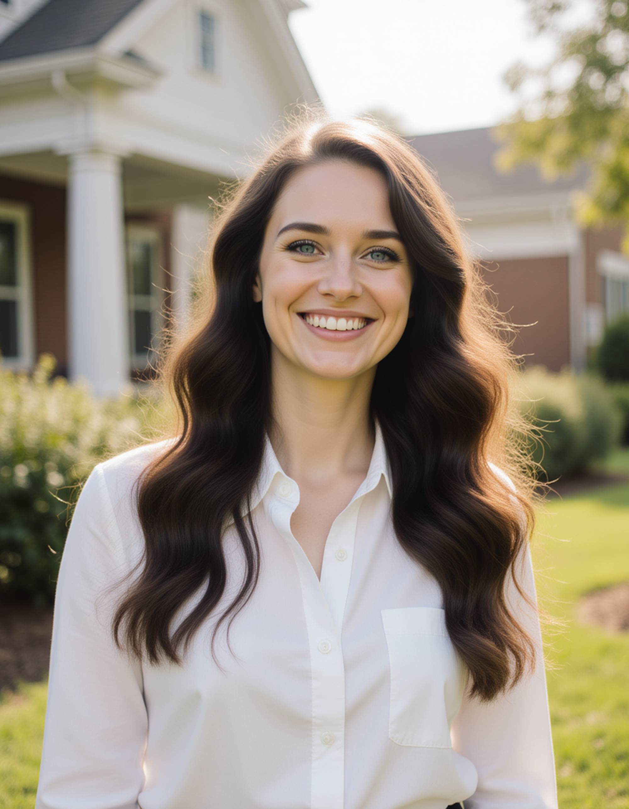 Outdoor real estate agent headshot of the model, natural daylight, modern home blurred in the background, relaxed but confident expression, lifestyle real estate photography