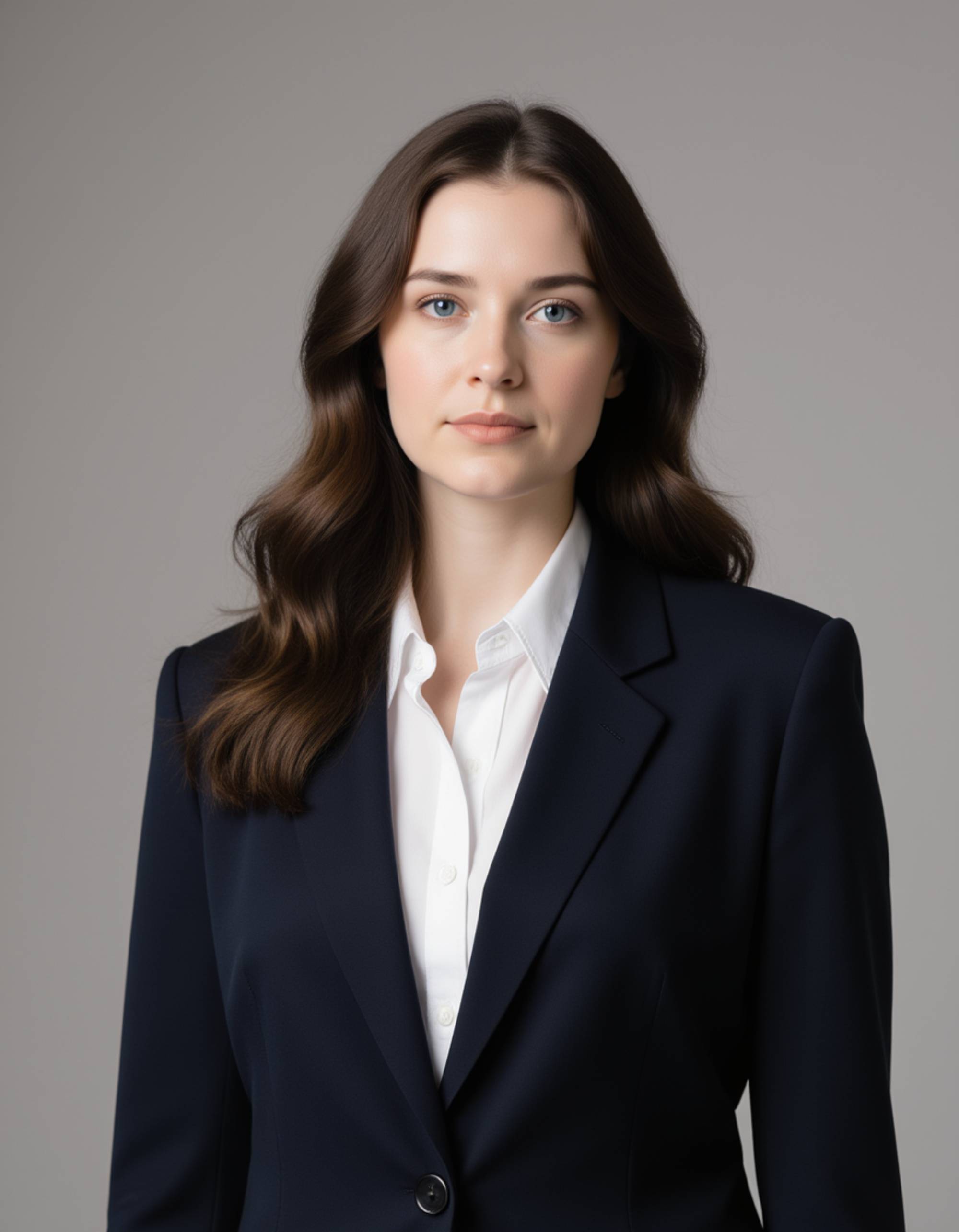 Experienced real estate broker headshot of the model, poised professional expression, classic blazer, studio lighting with clean light-grey backdrop, LinkedIn-style polished portrait