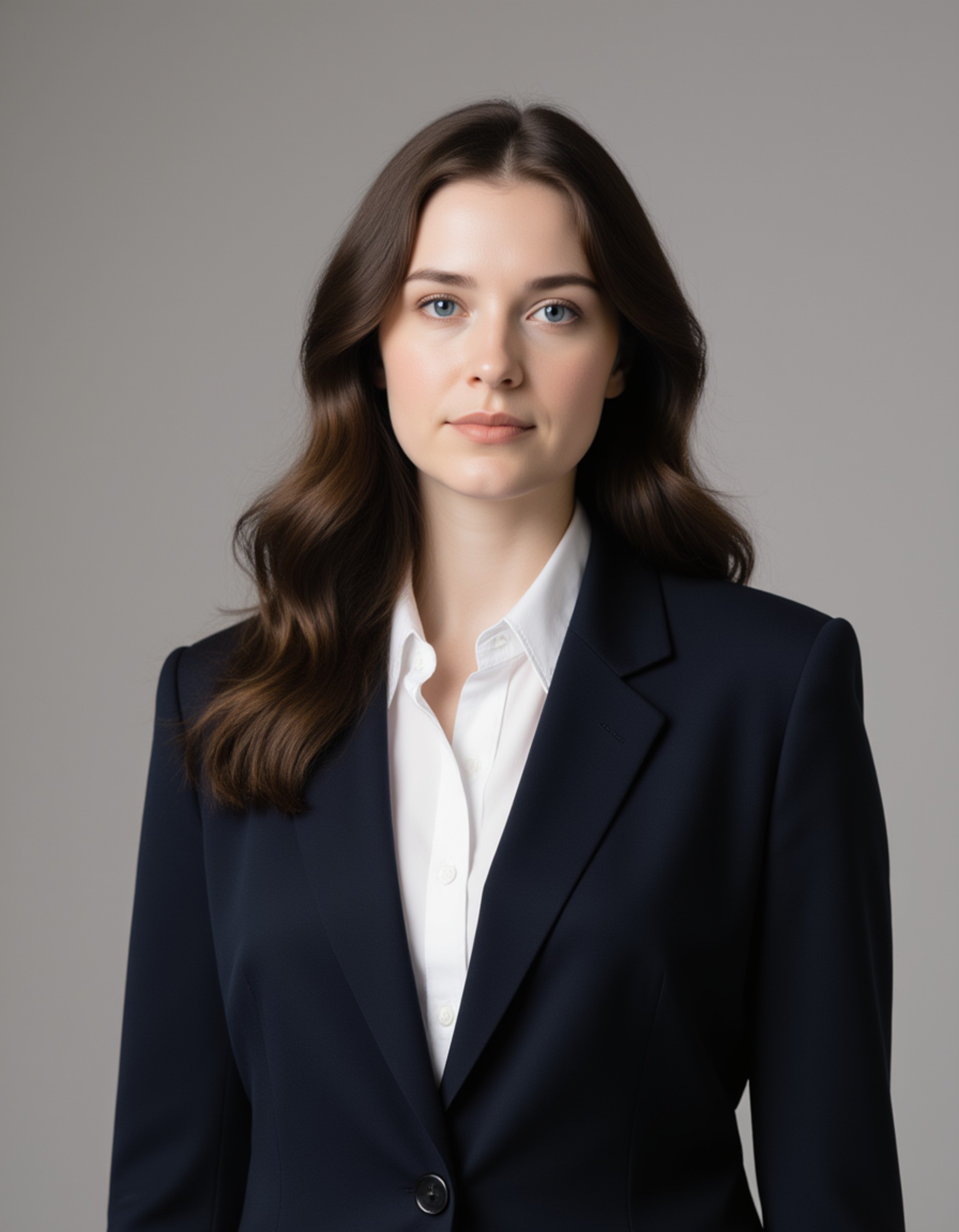 Experienced real estate broker headshot of the model, poised professional expression, classic blazer, studio lighting with clean light-grey backdrop, LinkedIn-style polished portrait