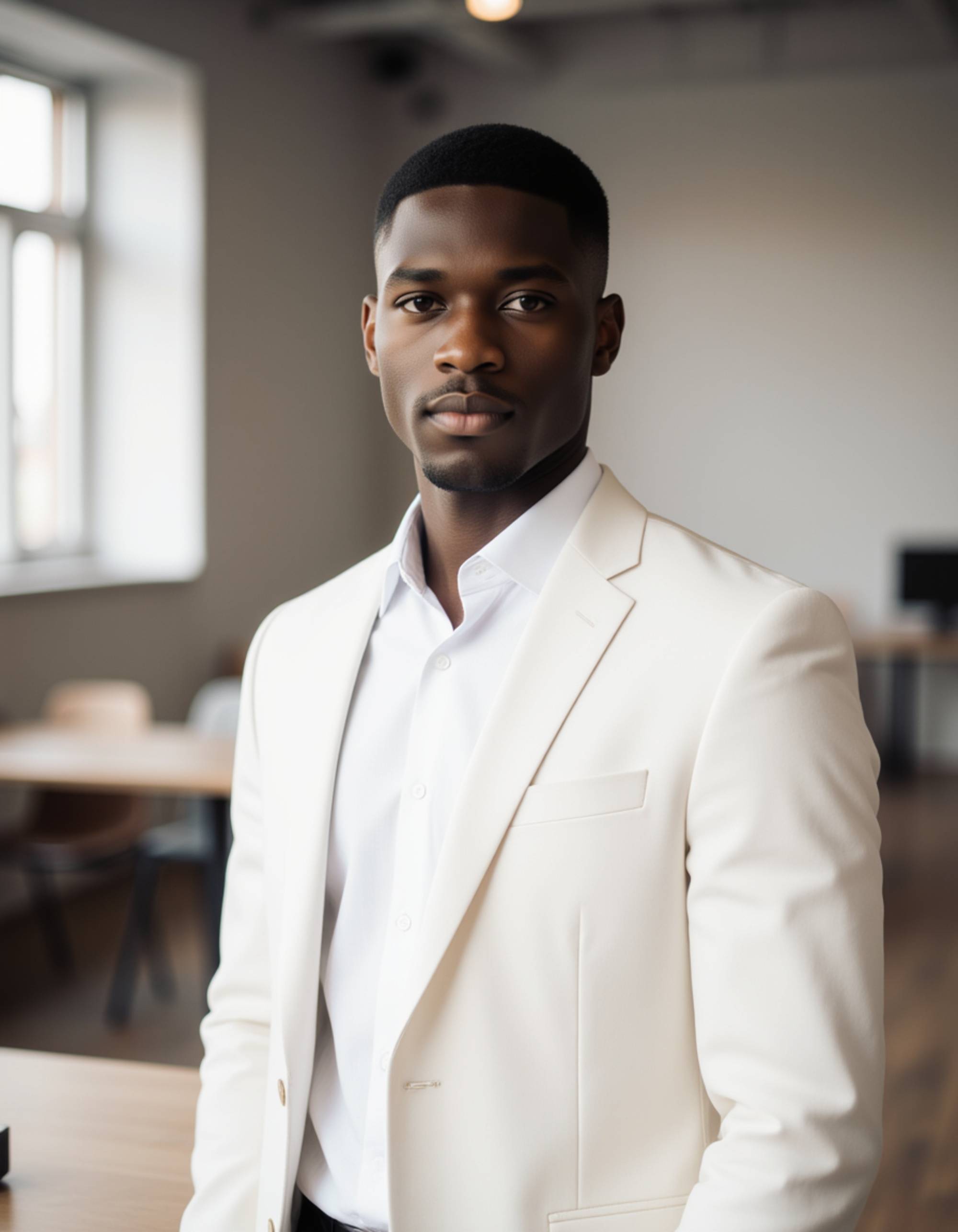 Clean professional headshot of the model as a real estate agent, crisp white shirt with light blazer, confident neutral expression, modern co-working space softly blurred behind, soft key lighting, ultra-sharp portrait