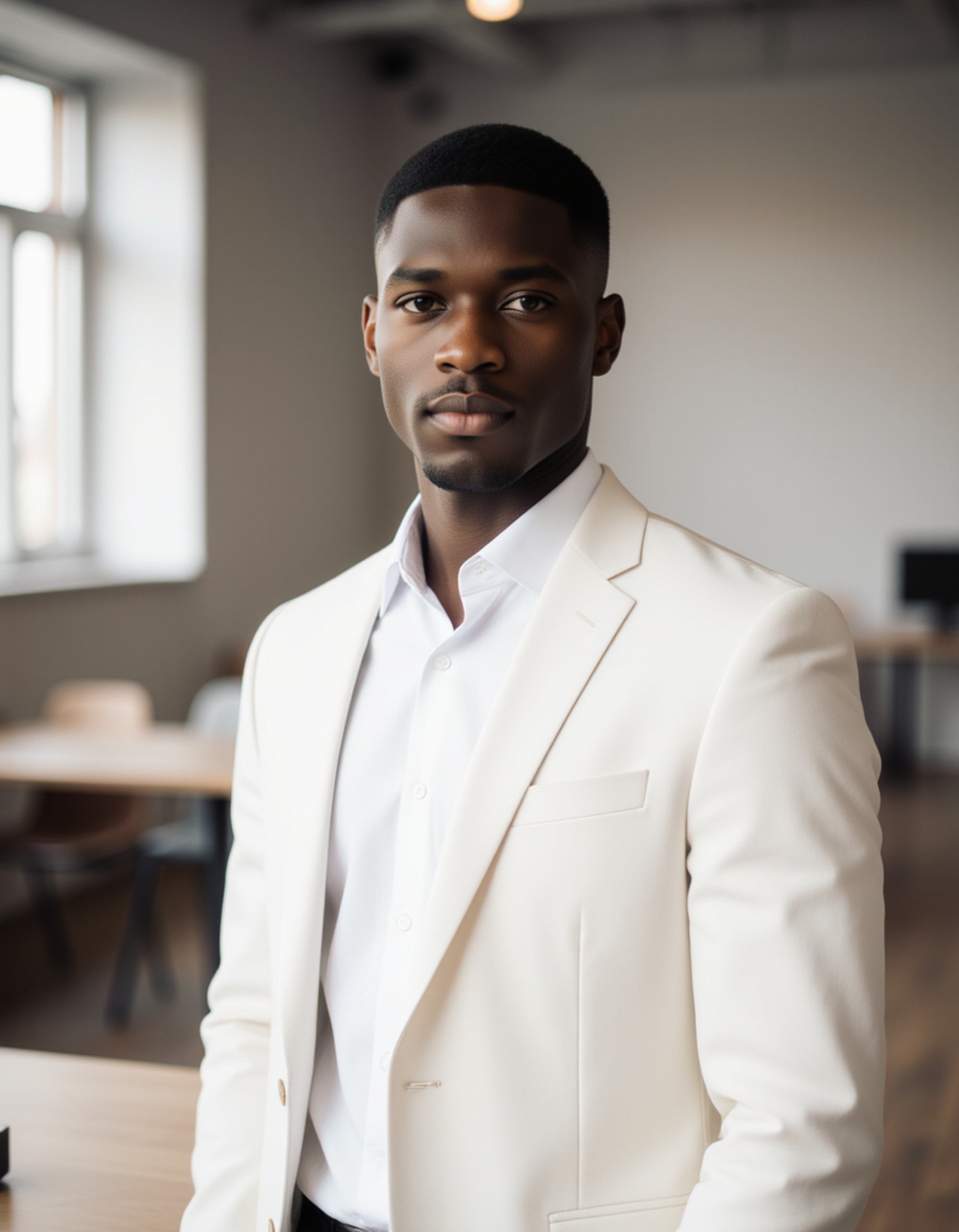 Clean professional headshot of the model as a real estate agent, crisp white shirt with light blazer, confident neutral expression, modern co-working space softly blurred behind, soft key lighting, ultra-sharp portrait
