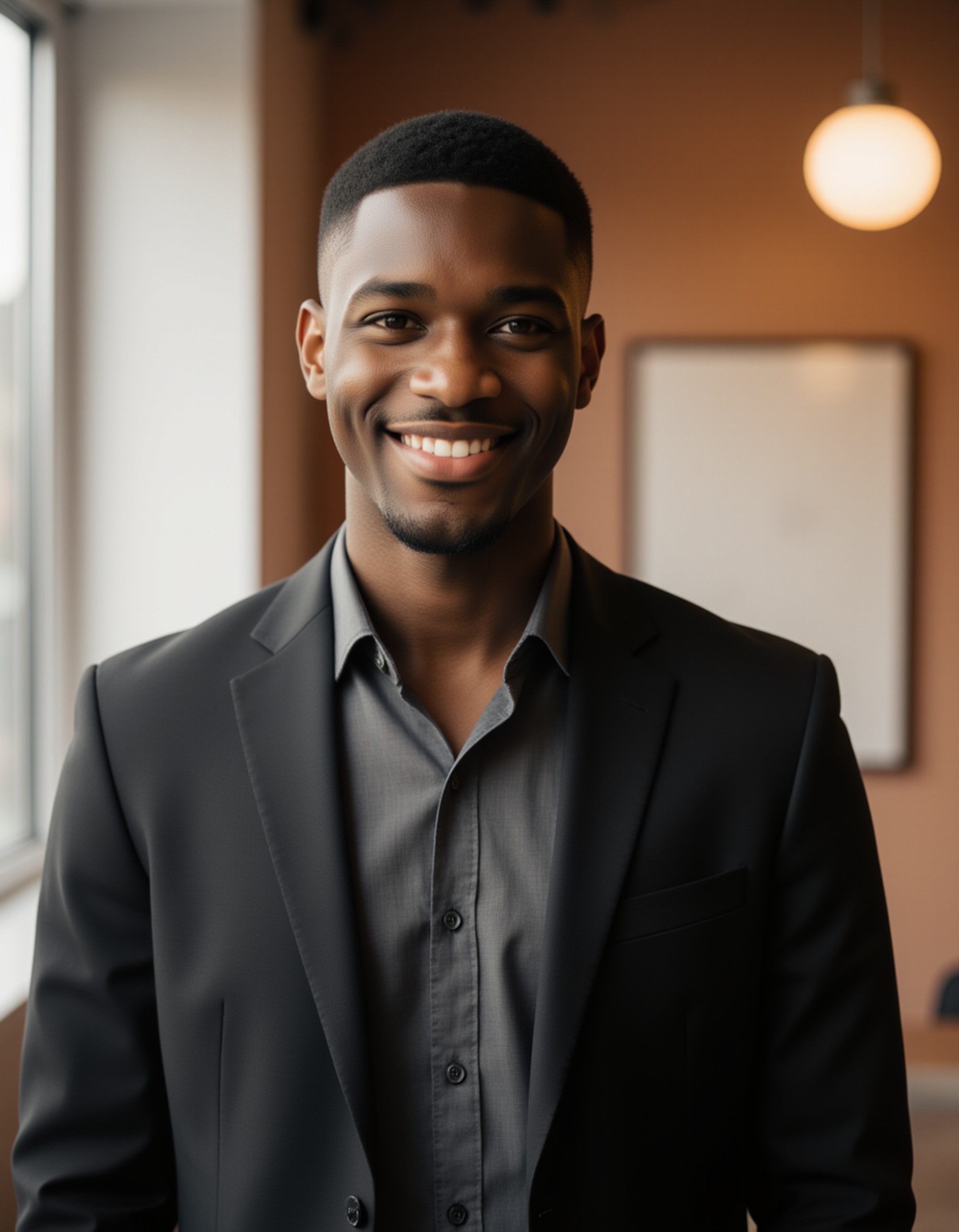 Real estate marketing headshot of the model, approachable half-smile, dark suit with open collar, bright window light, contemporary office interior with warm tones, high-end lifestyle branding look