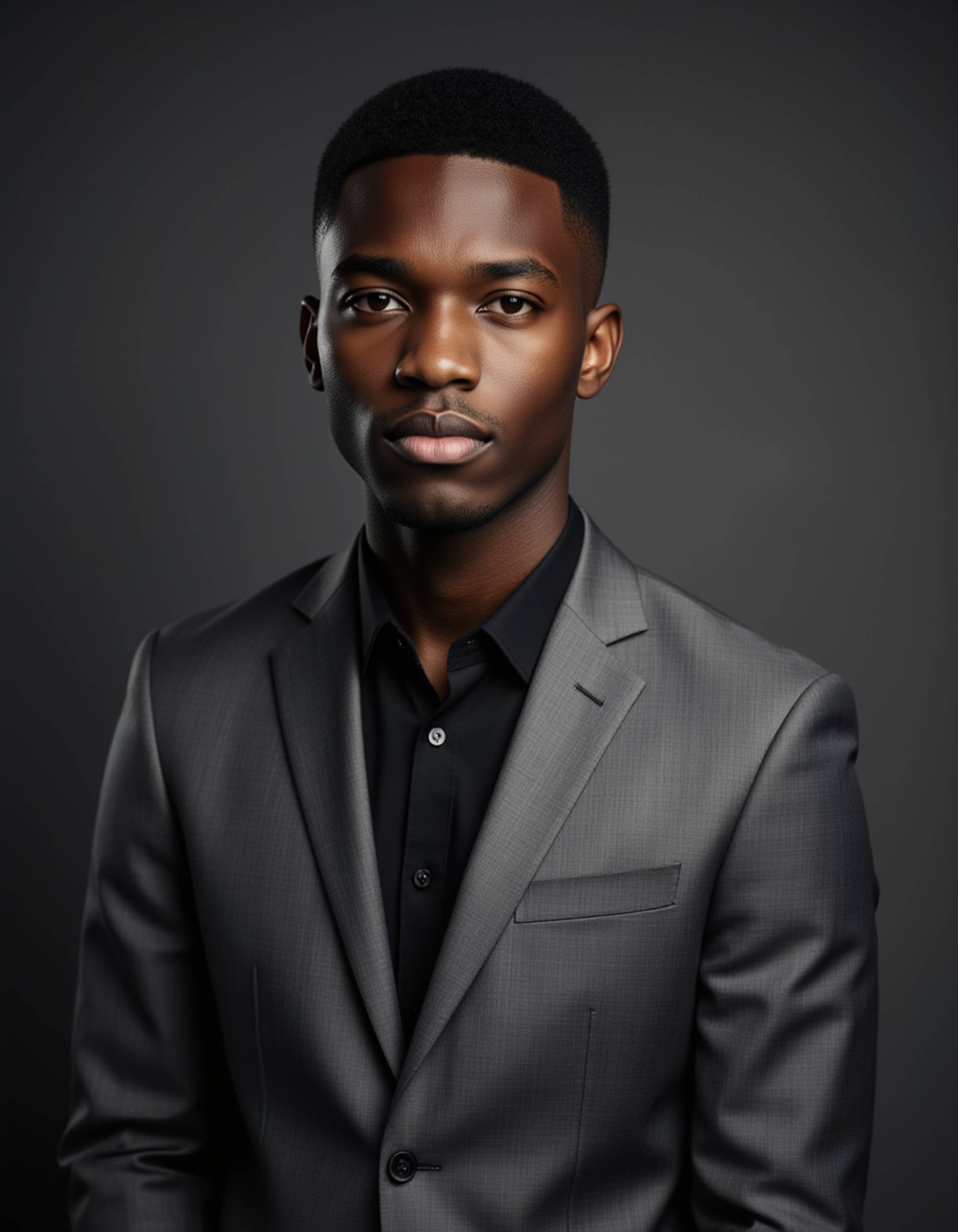 Corporate realtor headshot of the model, strong jawline lighting, fitted grey suit, subtle shadows, gradient studio backdrop, cinematic portrait style with shallow depth of field