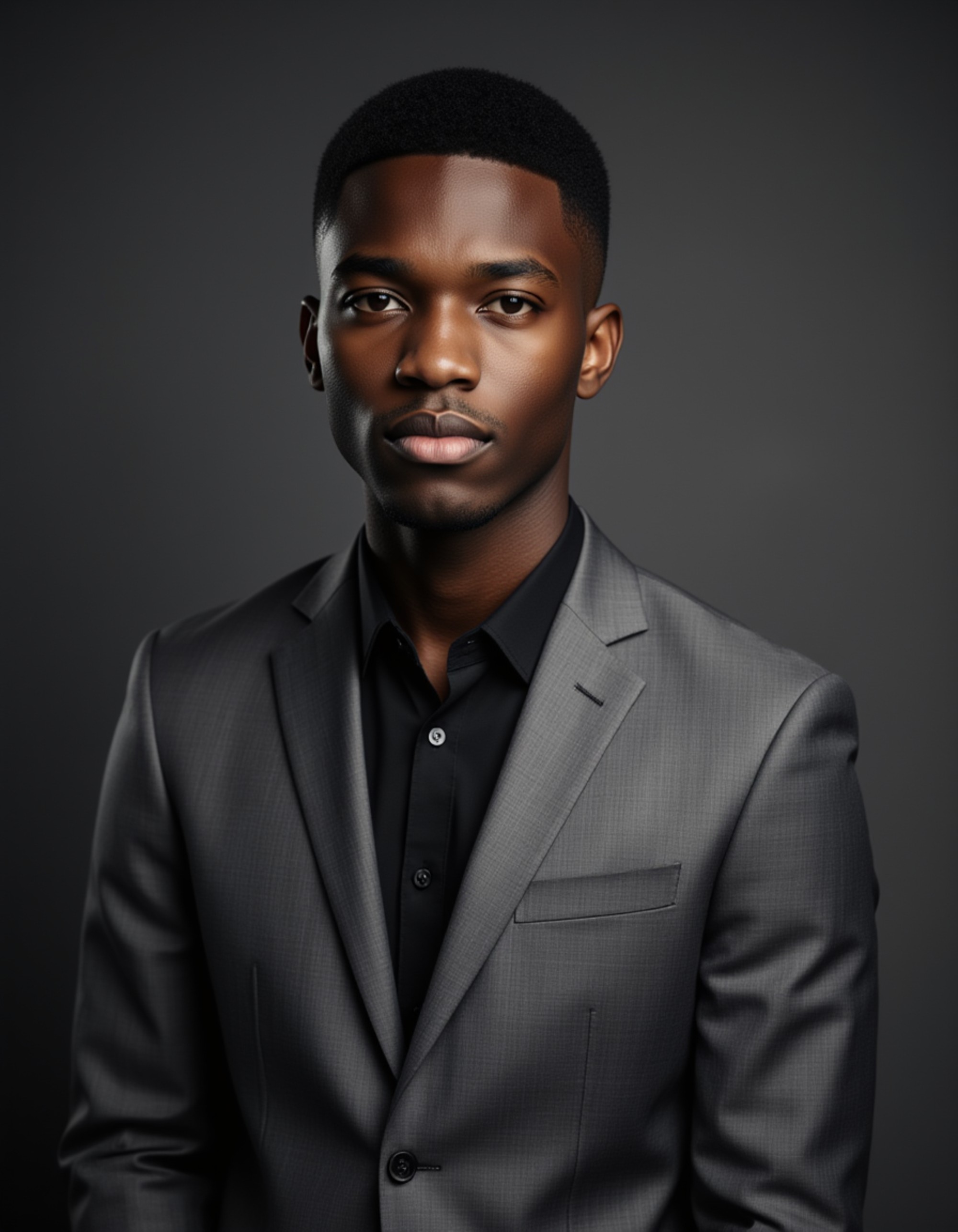 Corporate realtor headshot of the model, strong jawline lighting, fitted grey suit, subtle shadows, gradient studio backdrop, cinematic portrait style with shallow depth of field