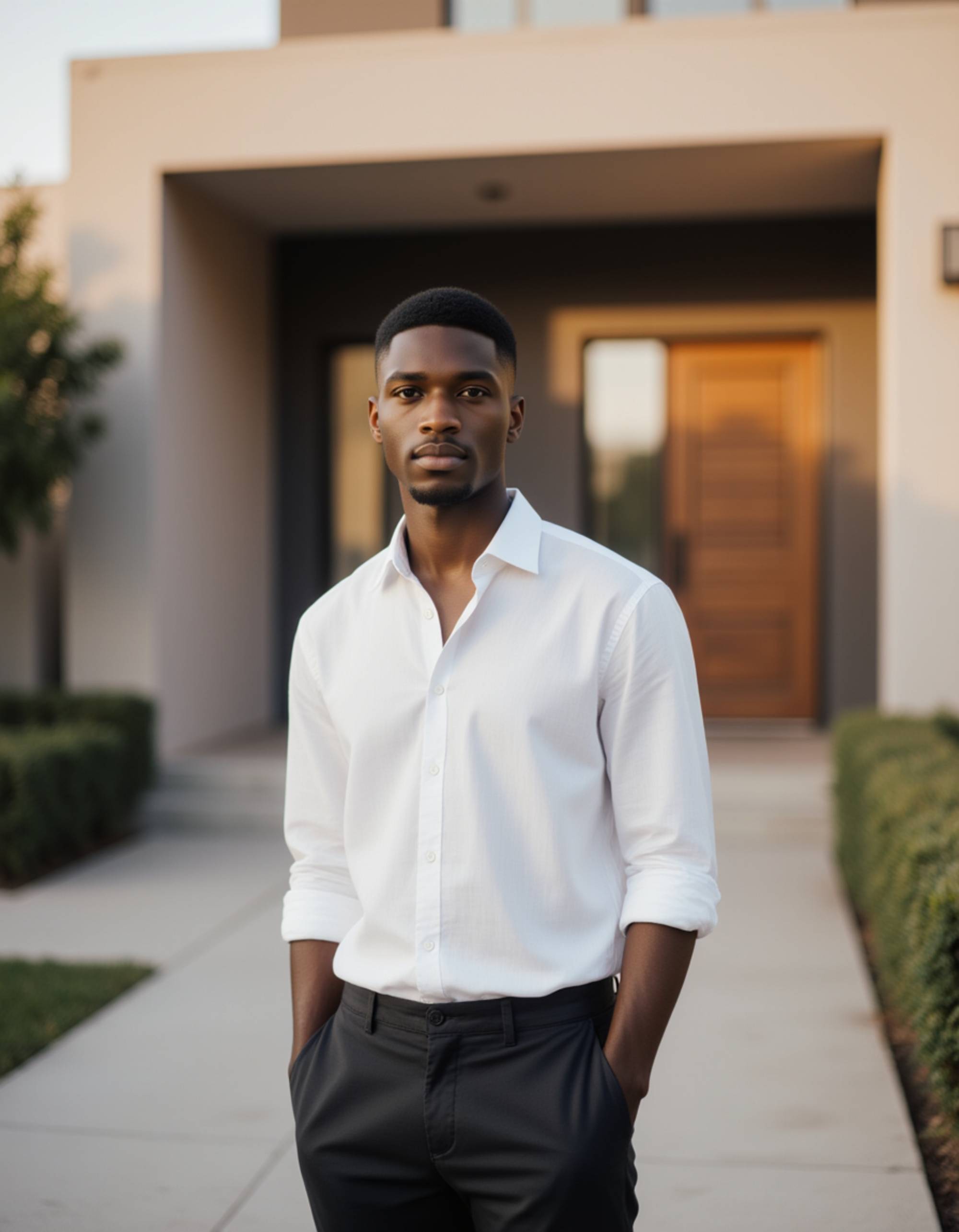 Outdoor luxury real estate headshot of the model, standing near a modern villa entrance, soft golden hour lighting, clean business-casual outfit, natural confident expression, editorial-style photography