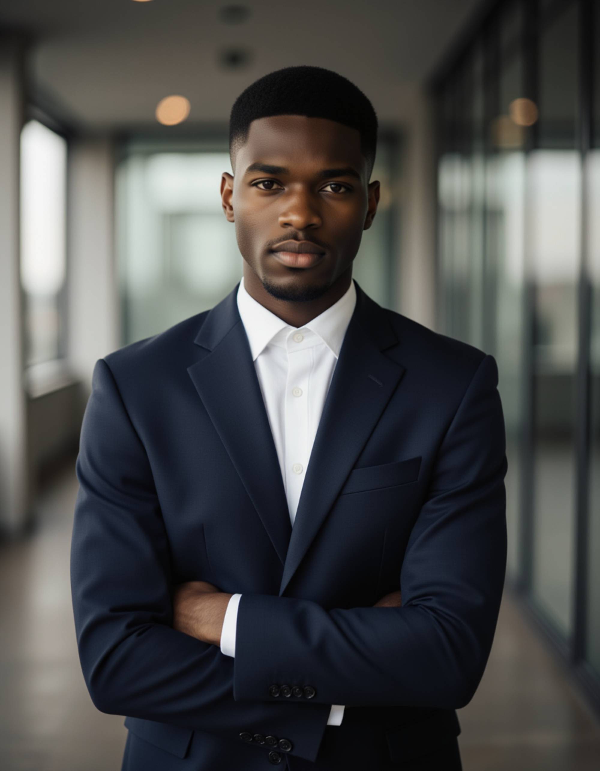 High-end commercial realtor portrait of the model, indoor setting with glass reflections, navy or charcoal blazer, precise symmetrical composition, polished grooming, premium magazine-like real estate branding shot