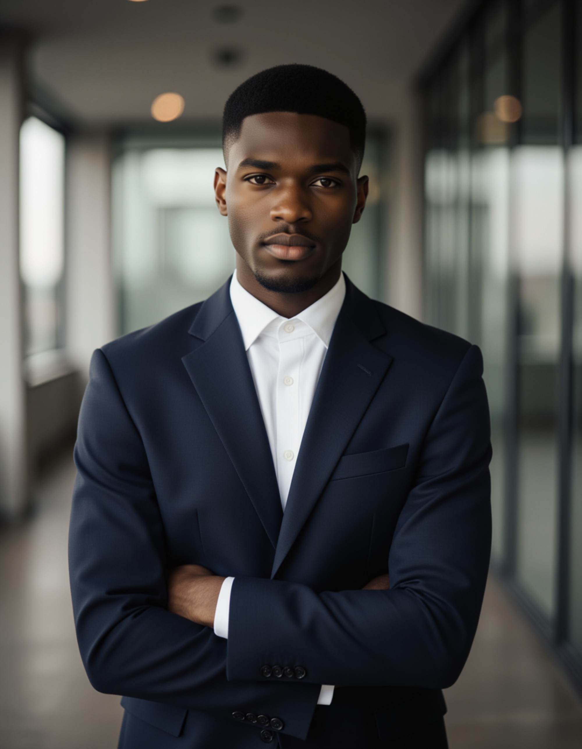 High-end commercial realtor portrait of the model, indoor setting with glass reflections, navy or charcoal blazer, precise symmetrical composition, polished grooming, premium magazine-like real estate branding shot