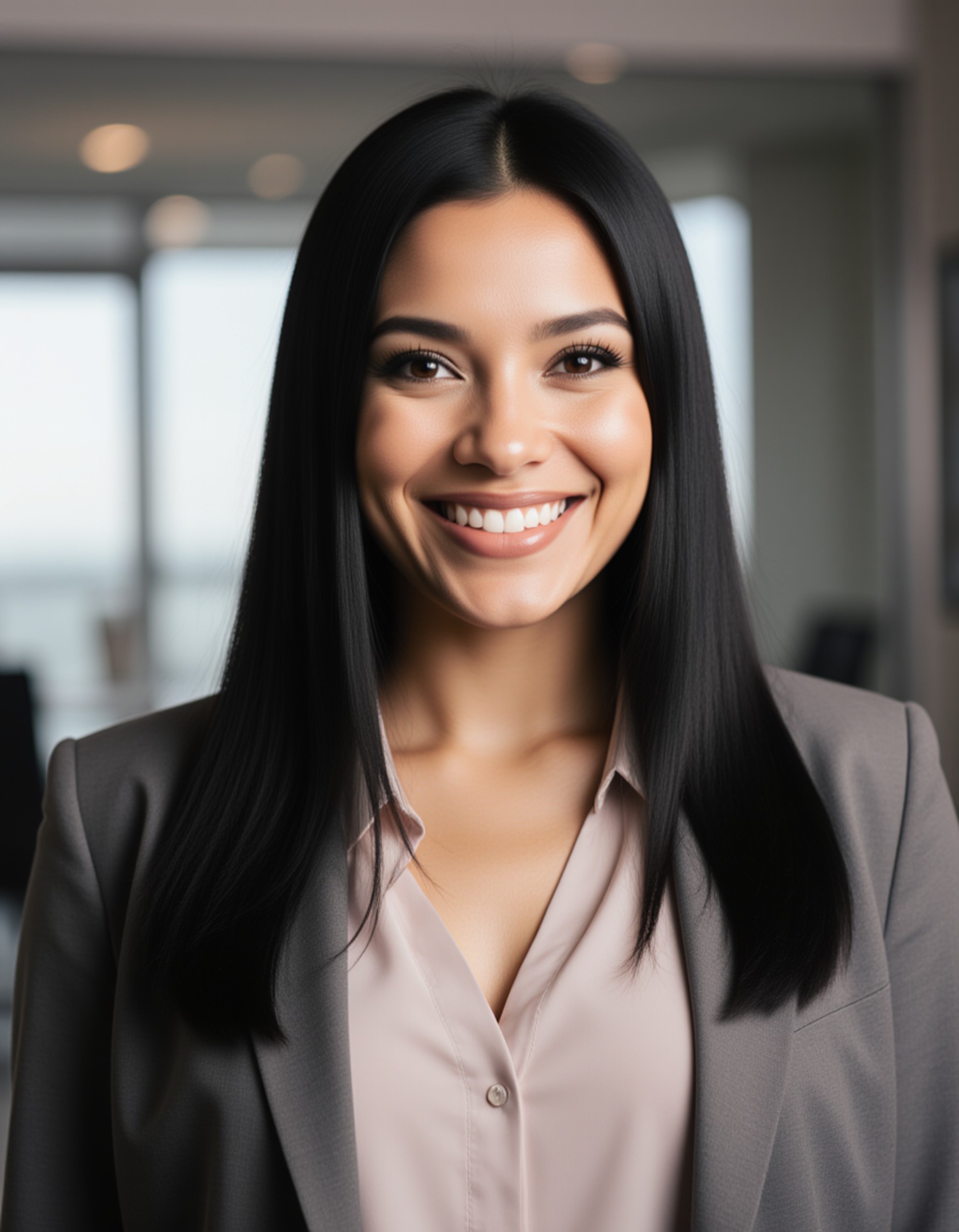 Clean professional headshot of the model as a real estate agent, soft smile, tailored blazer over a light blouse, polished hair, soft natural lighting, blurred modern office environment, premium corporate portrait style
