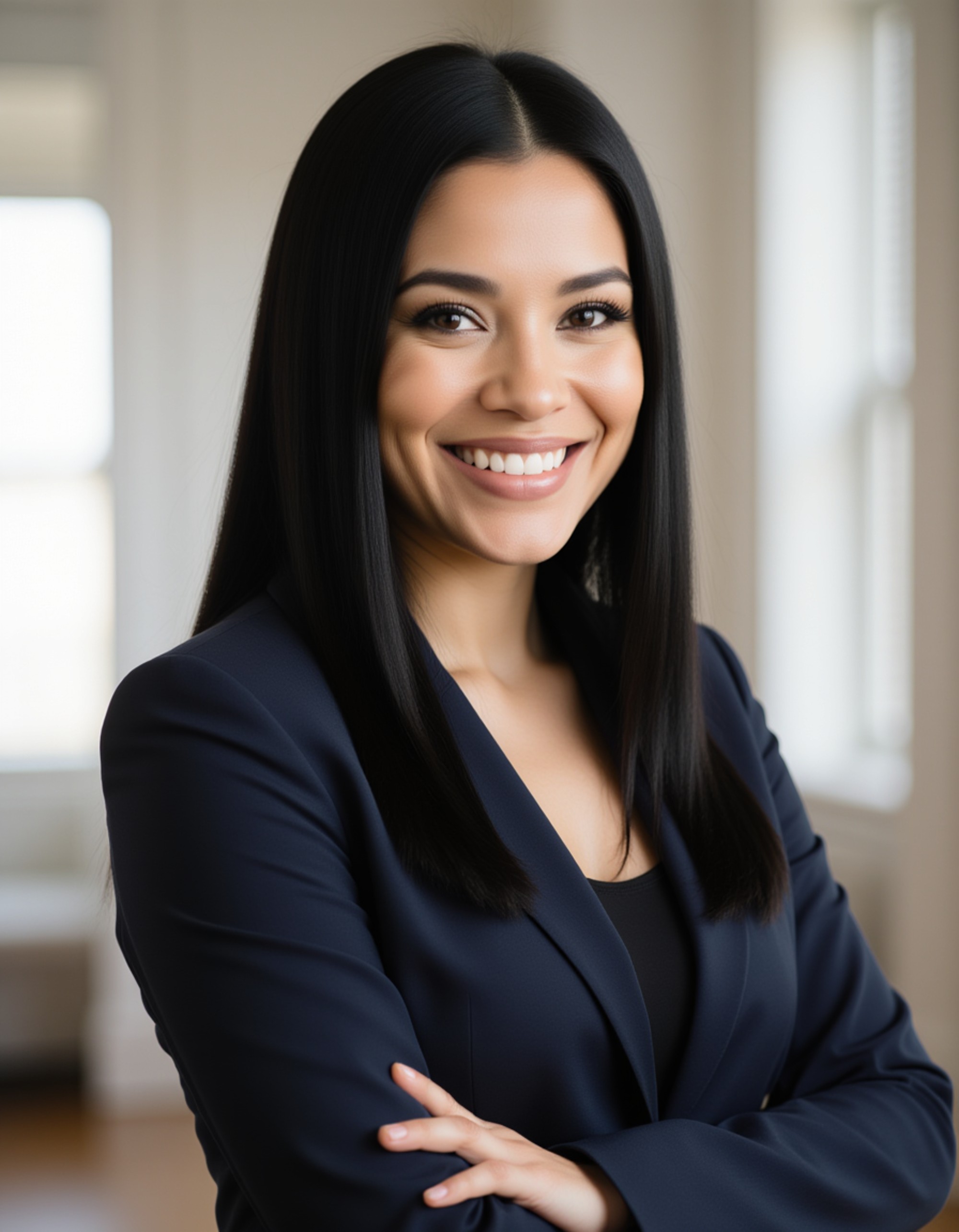 Real estate branding headshot of the model, warm approachable expression, fitted blazer, bright neutral indoor background, diffused daylight, crisp and elegant portrait composition
