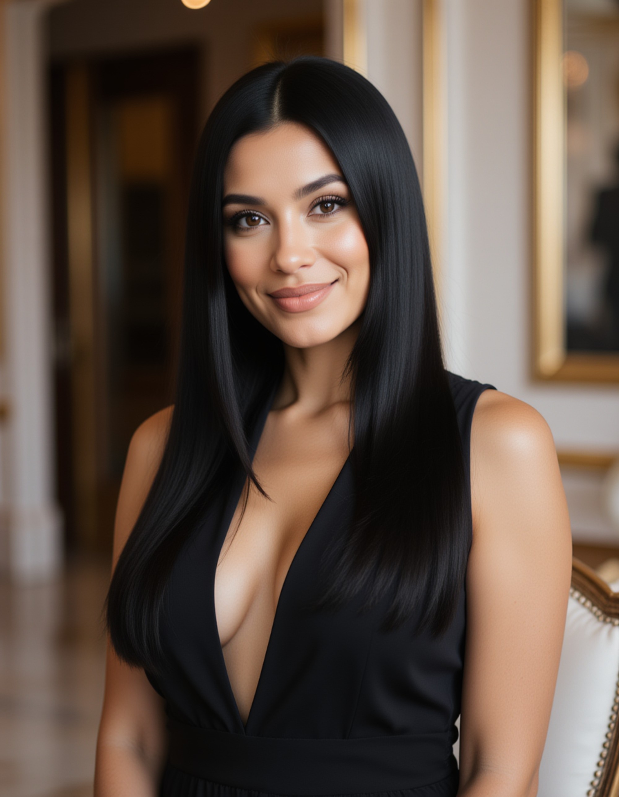 Luxury realtor headshot of the model, elegant styling, smooth hair, subtle makeup, minimalistic high-end interior with marble and gold accents blurred behind, soft rim lighting, ultra-sharp premium portrait