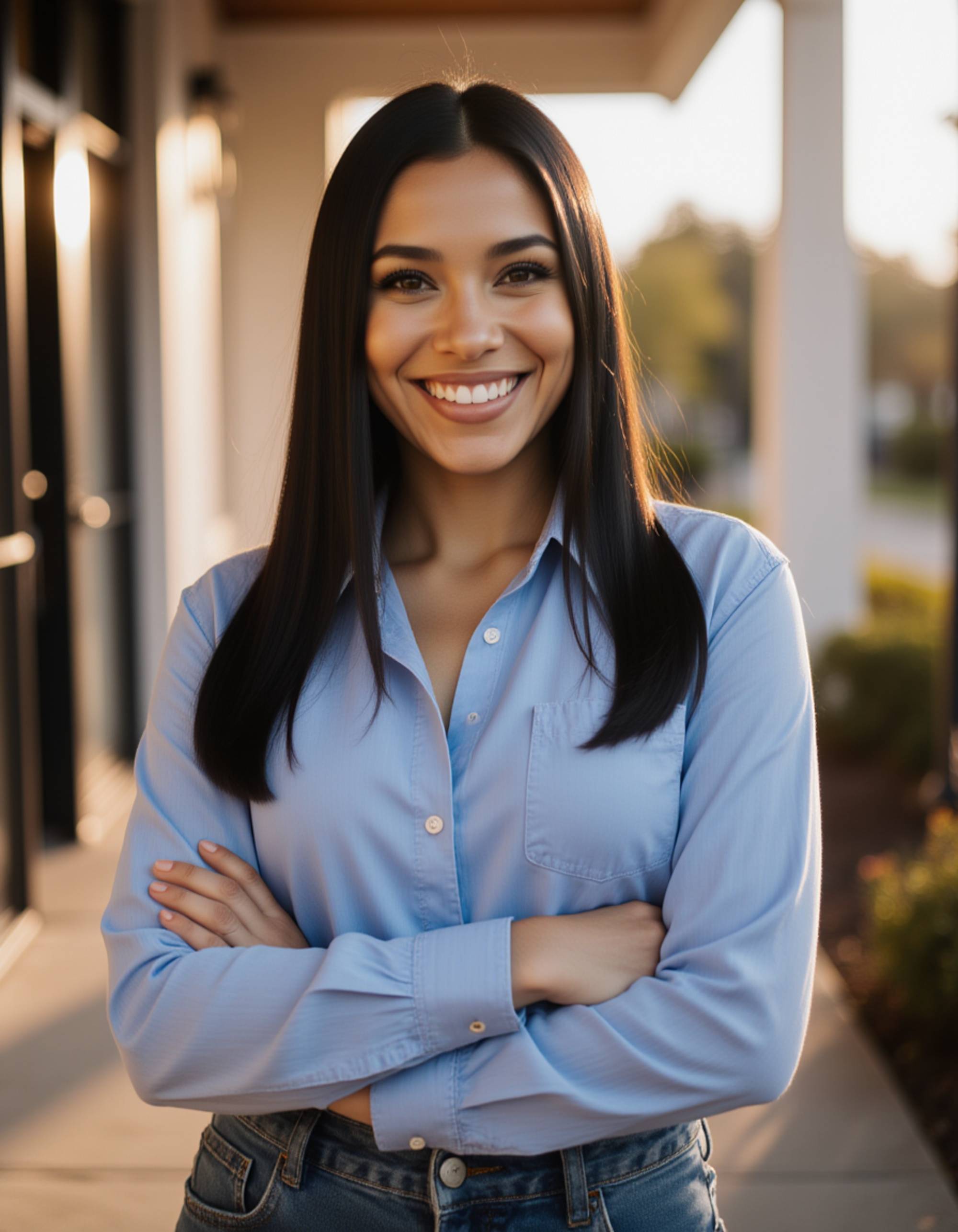 Outdoor real estate agent headshot of the model, natural daylight glow, modern home or building entry softly blurred in the background, confident yet friendly look, business-casual wardrobe, lifestyle real estate photography