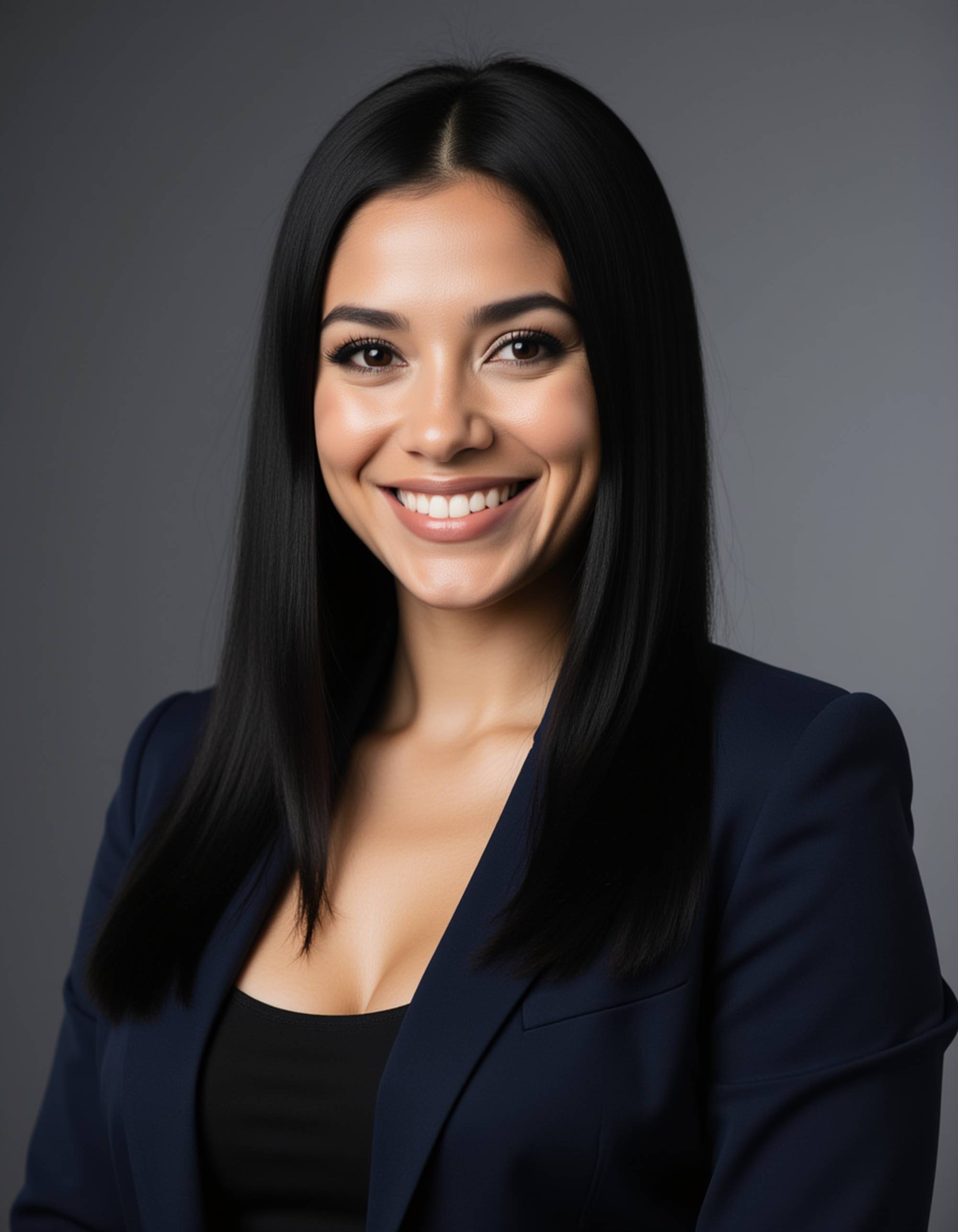 Experienced real estate broker portrait of the model, poised professional expression, structured blazer, studio lighting with clean gradient backdrop, sharp LinkedIn-style premium portrait