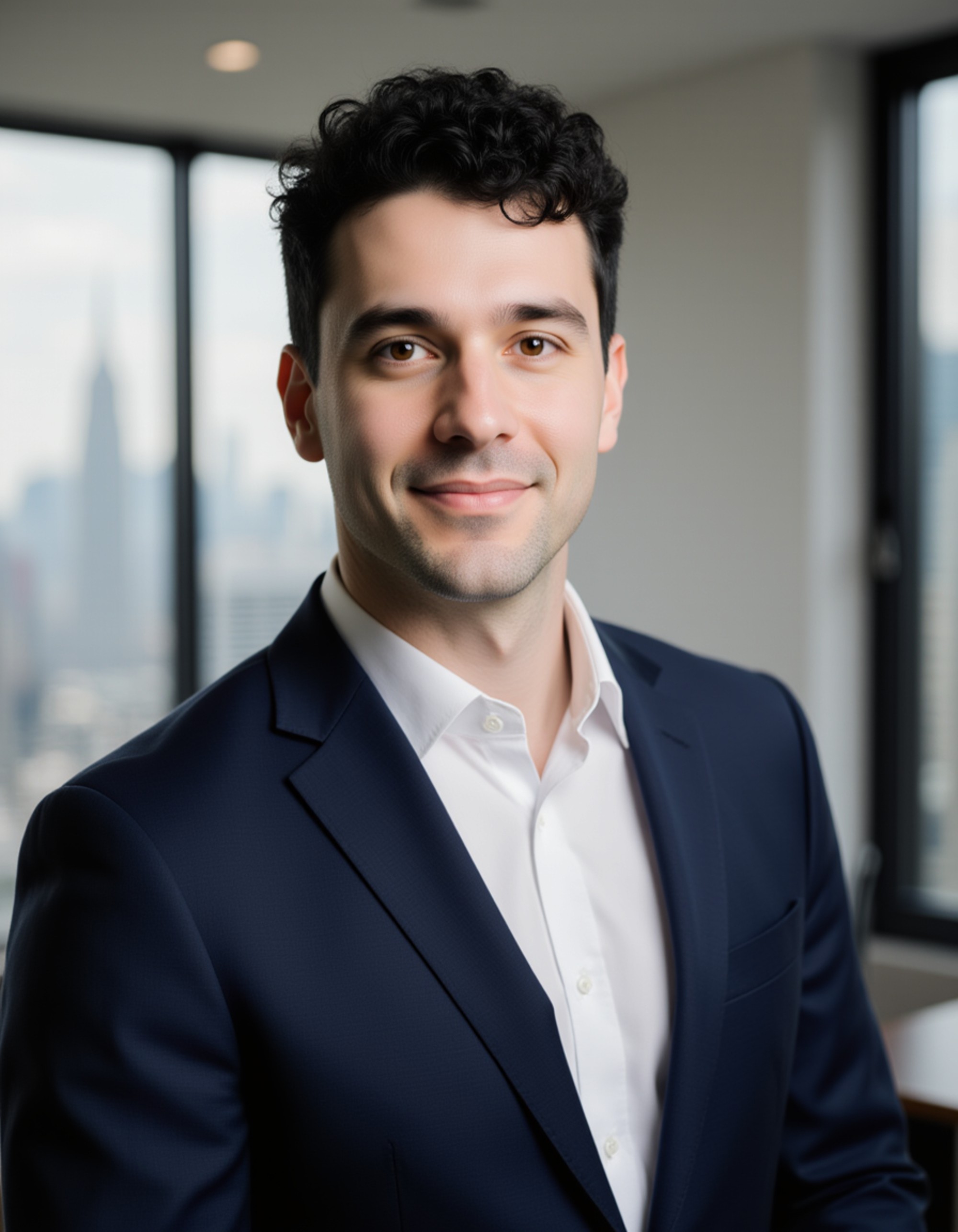Professional real estate agent headshot of the model, confident expression, fitted navy suit, clean grooming, soft natural lighting, blurred corporate office background, high-end business portrait style