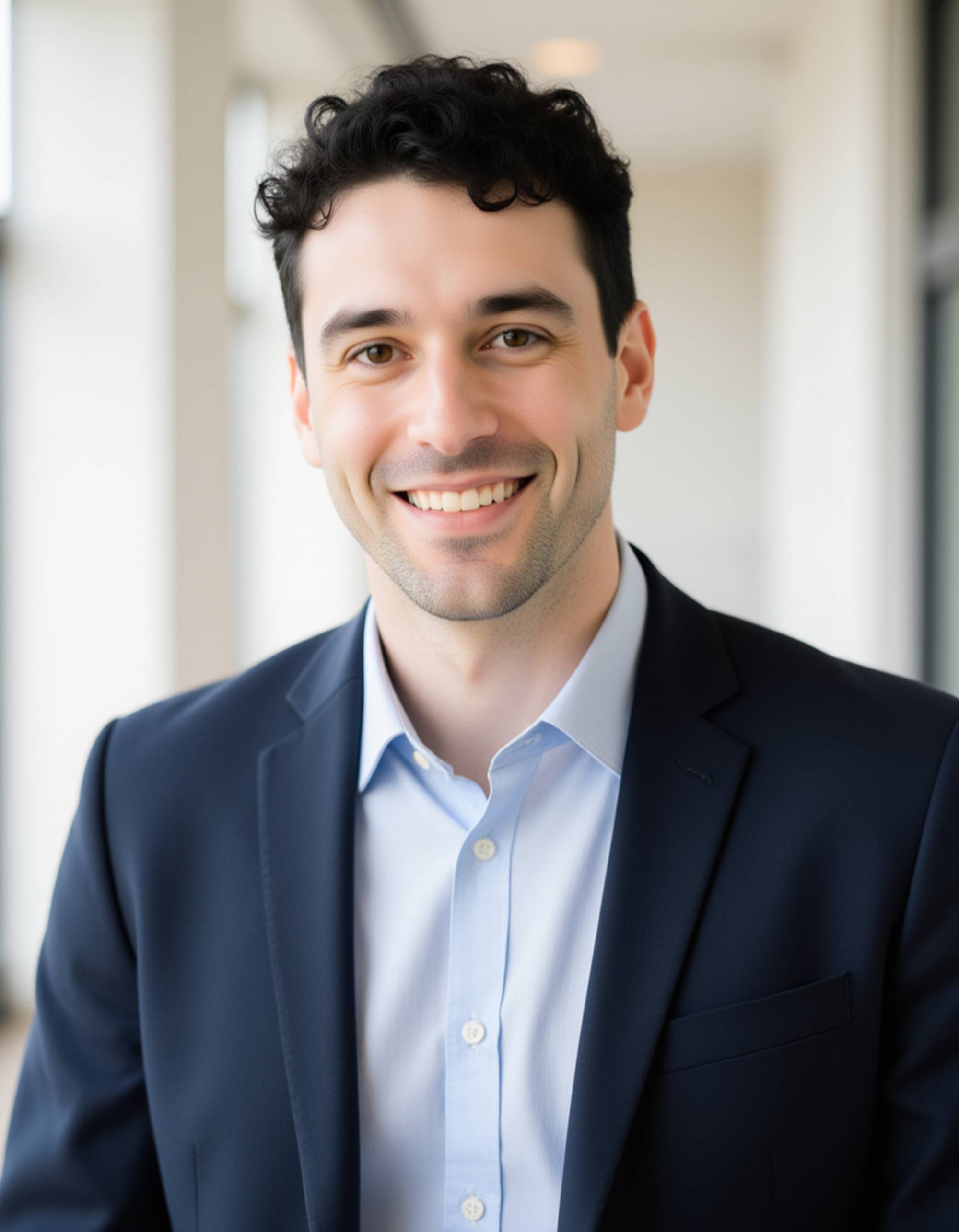 Real estate branding headshot of the model, warm friendly smile, business-casual outfit, bright neutral indoor background, diffused daylight, crisp commercial portrait look